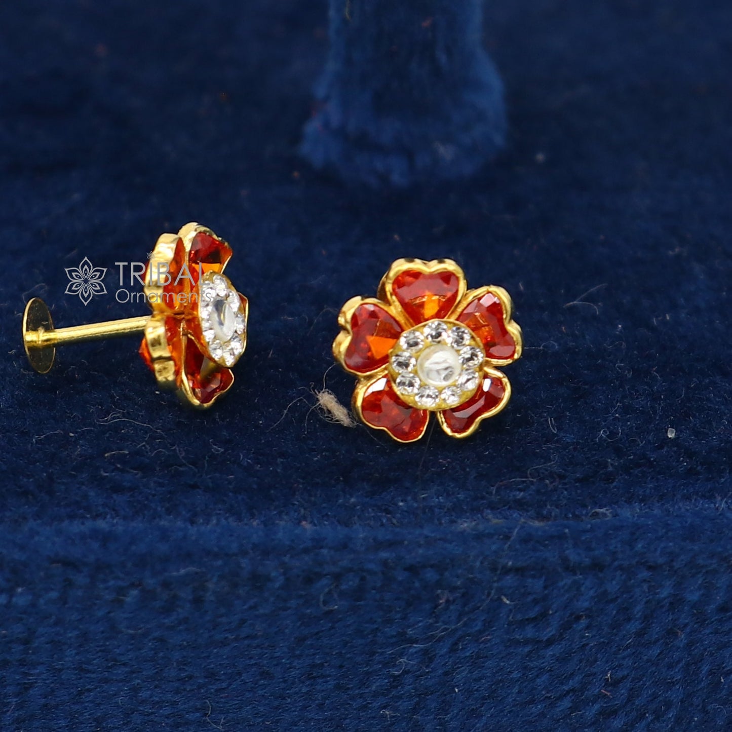 14kt yellow gold handmade fabulous orange Stone excellent vintage flower design stud earrings pair unisex jewelry er174 - TRIBAL ORNAMENTS