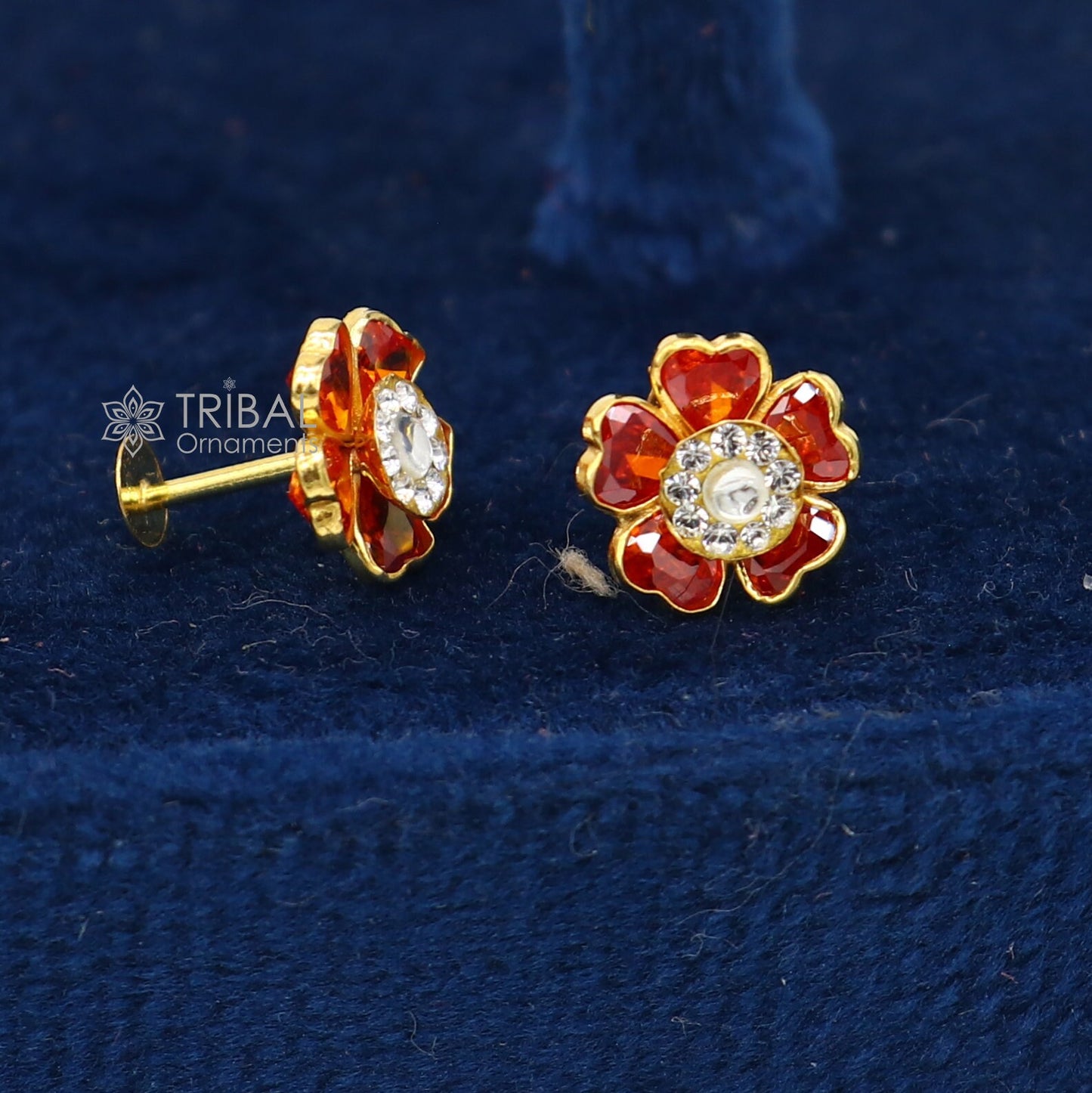 14kt yellow gold handmade fabulous orange Stone excellent vintage flower design stud earrings pair unisex jewelry er174 - TRIBAL ORNAMENTS