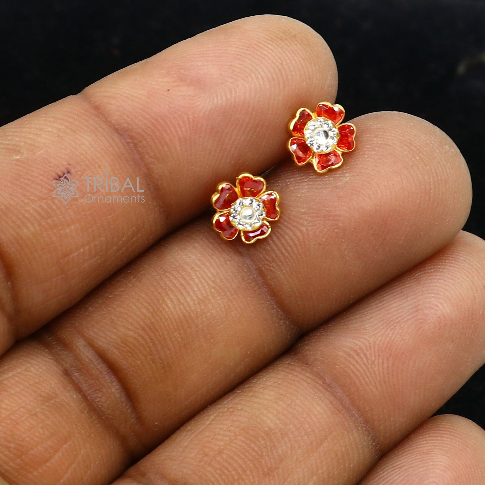 14kt yellow gold handmade fabulous orange Stone excellent vintage flower design stud earrings pair unisex jewelry er174 - TRIBAL ORNAMENTS