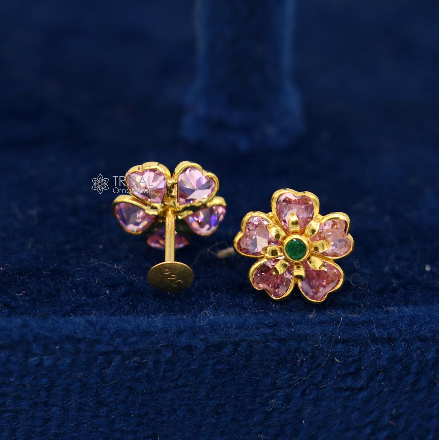 14kt yellow gold handmade fabulous orange Stone excellent vintage flower design stud earrings pair unisex jewelry er175 - TRIBAL ORNAMENTS