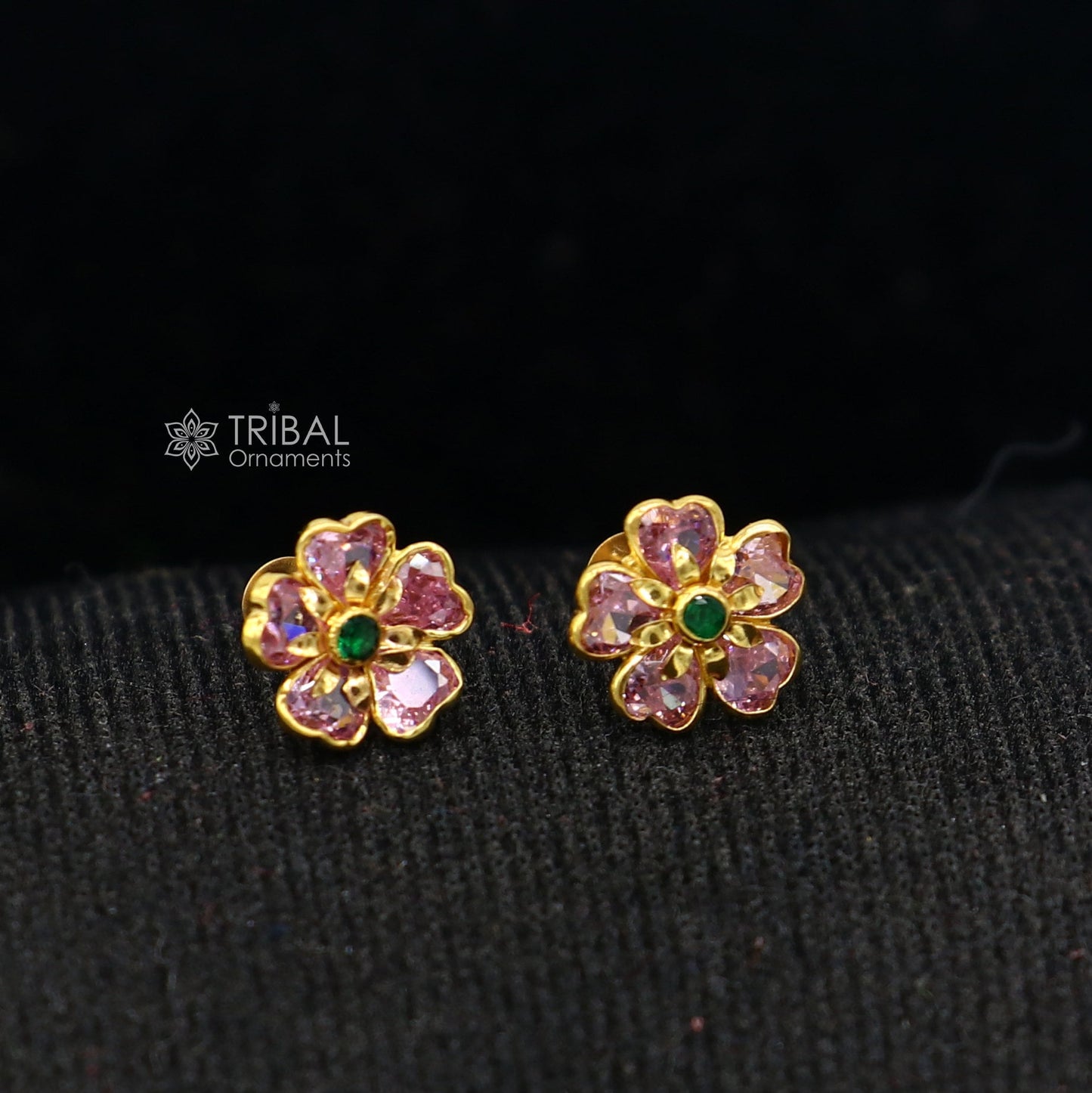 14kt yellow gold handmade fabulous orange Stone excellent vintage flower design stud earrings pair unisex jewelry er175 - TRIBAL ORNAMENTS