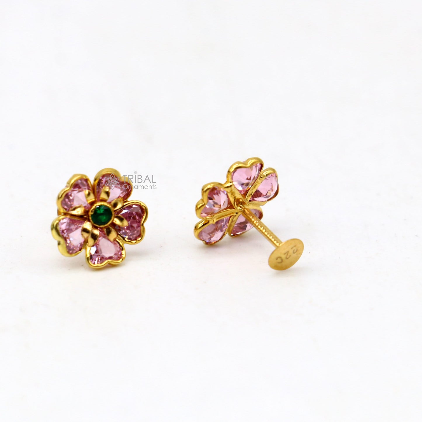 14kt yellow gold handmade fabulous orange Stone excellent vintage flower design stud earrings pair unisex jewelry er175 - TRIBAL ORNAMENTS