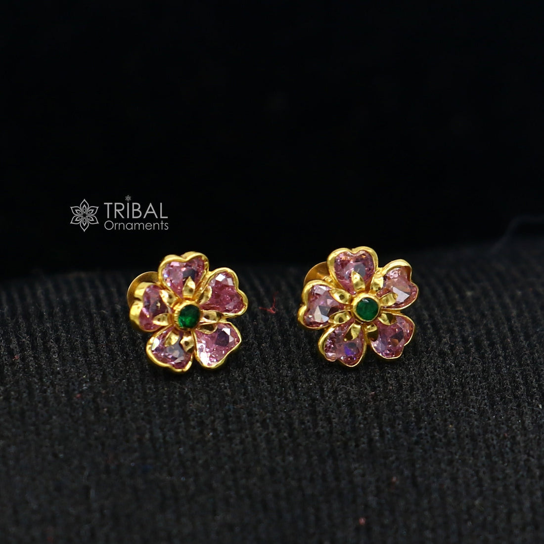 14kt yellow gold handmade fabulous orange Stone excellent vintage flower design stud earrings pair unisex jewelry er175 - TRIBAL ORNAMENTS