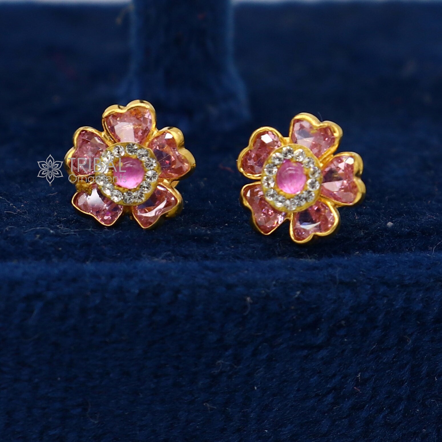 14kt yellow gold handmade fabulous orange Stone excellent vintage flower design stud earrings pair unisex jewelry er176 - TRIBAL ORNAMENTS