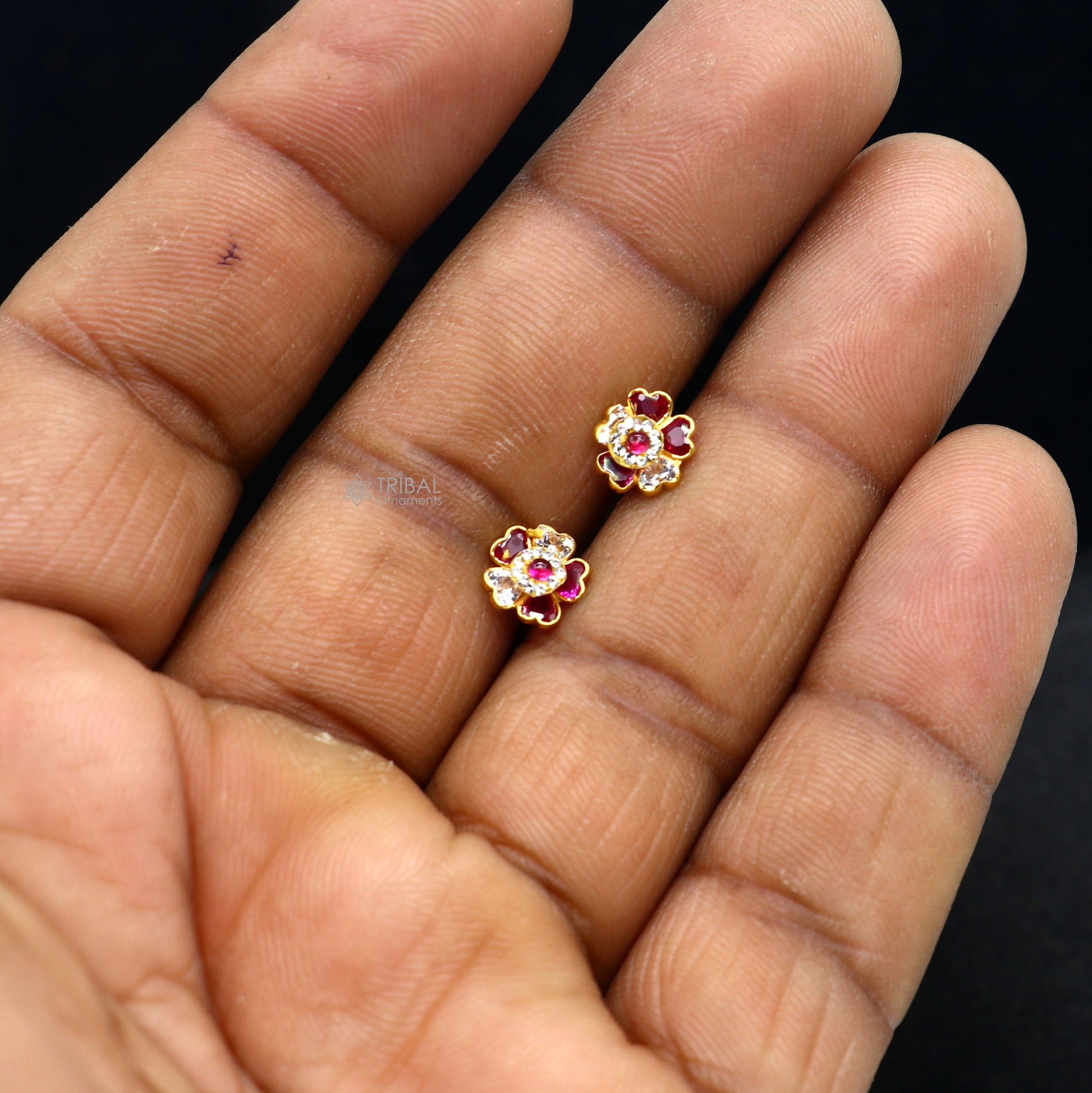 14kt yellow gold handmade fabulous orange Stone excellent vintage flower design stud earrings pair unisex jewelry er177 - TRIBAL ORNAMENTS