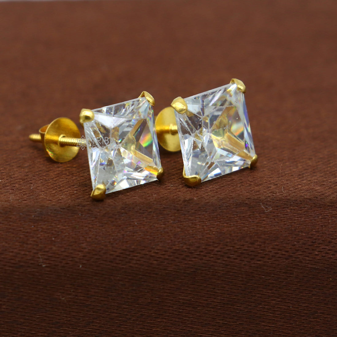 8mm 14kt yellow gold handmade single cubic zircon stone square shape stud earring cartilage customized unisex jewelry er179 - TRIBAL ORNAMENTS