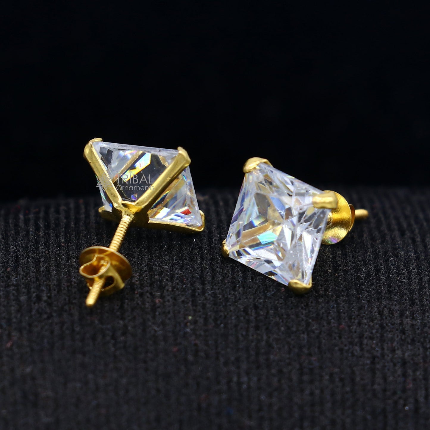 8mm 14kt yellow gold handmade single cubic zircon stone square shape stud earring cartilage customized unisex jewelry er179 - TRIBAL ORNAMENTS