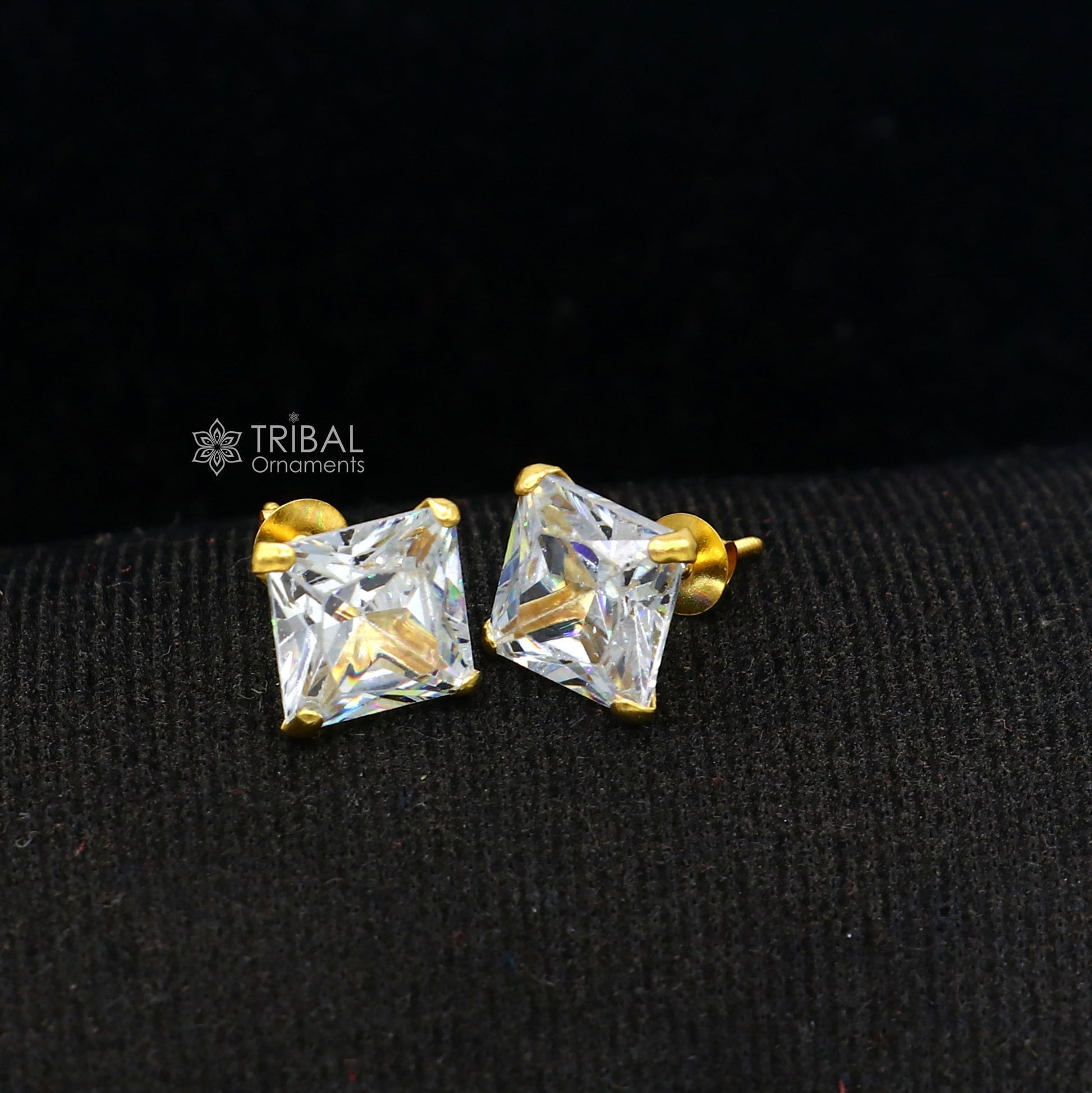 8mm 14kt yellow gold handmade single cubic zircon stone square shape stud earring cartilage customized unisex jewelry er179 - TRIBAL ORNAMENTS