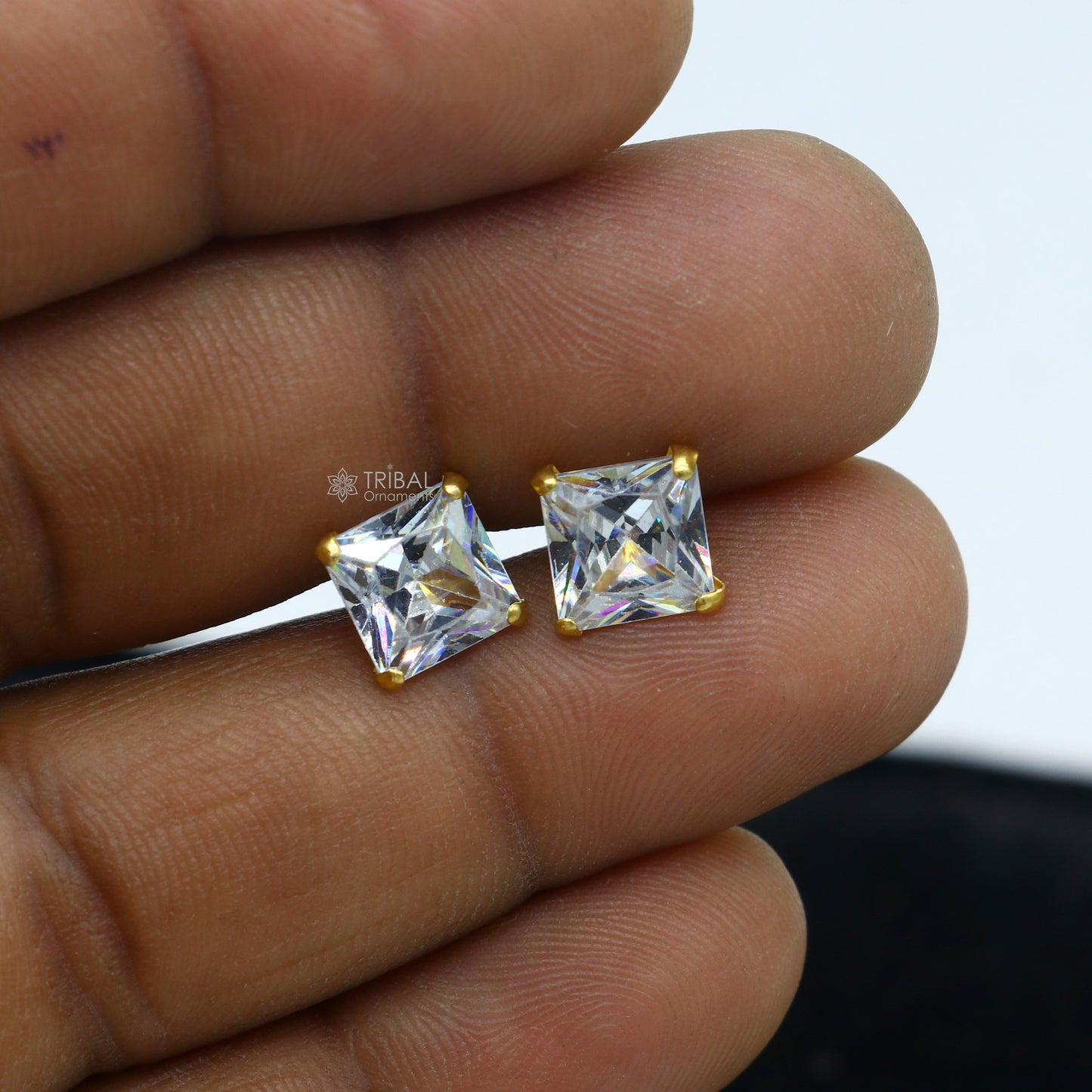 8mm 14kt yellow gold handmade single cubic zircon stone square shape stud earring cartilage customized unisex jewelry er179 - TRIBAL ORNAMENTS