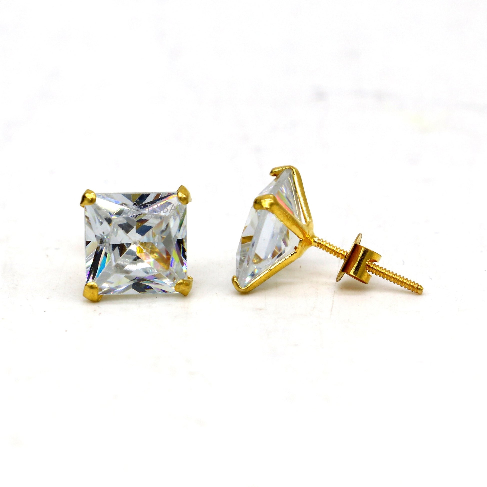 8mm 14kt yellow gold handmade single cubic zircon stone square shape stud earring cartilage customized unisex jewelry er179 - TRIBAL ORNAMENTS