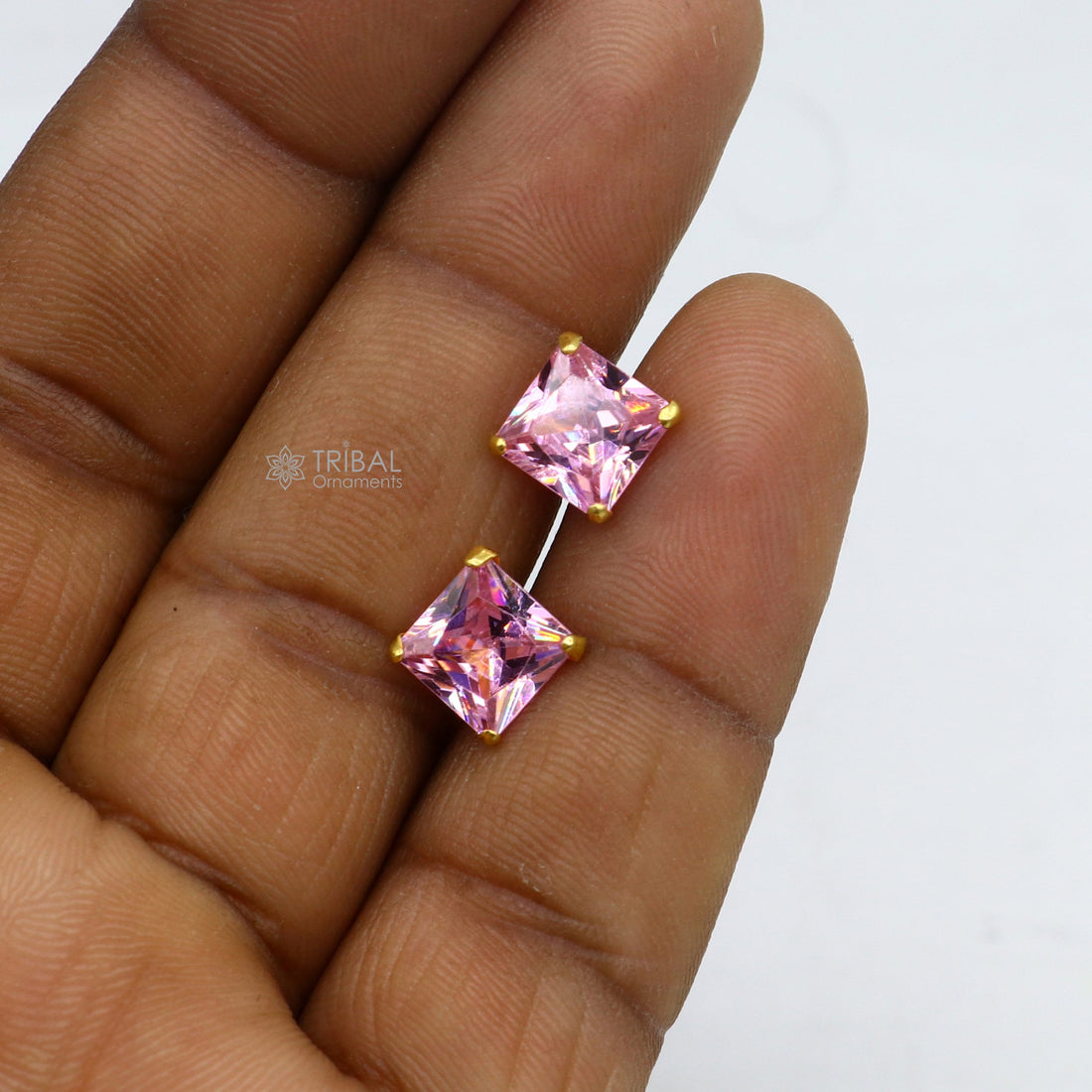 Exclusive 14kt yellow gold handmade single cubic zircon stone square shape stud earring cartilage customized unisex jewelry er180 - TRIBAL ORNAMENTS