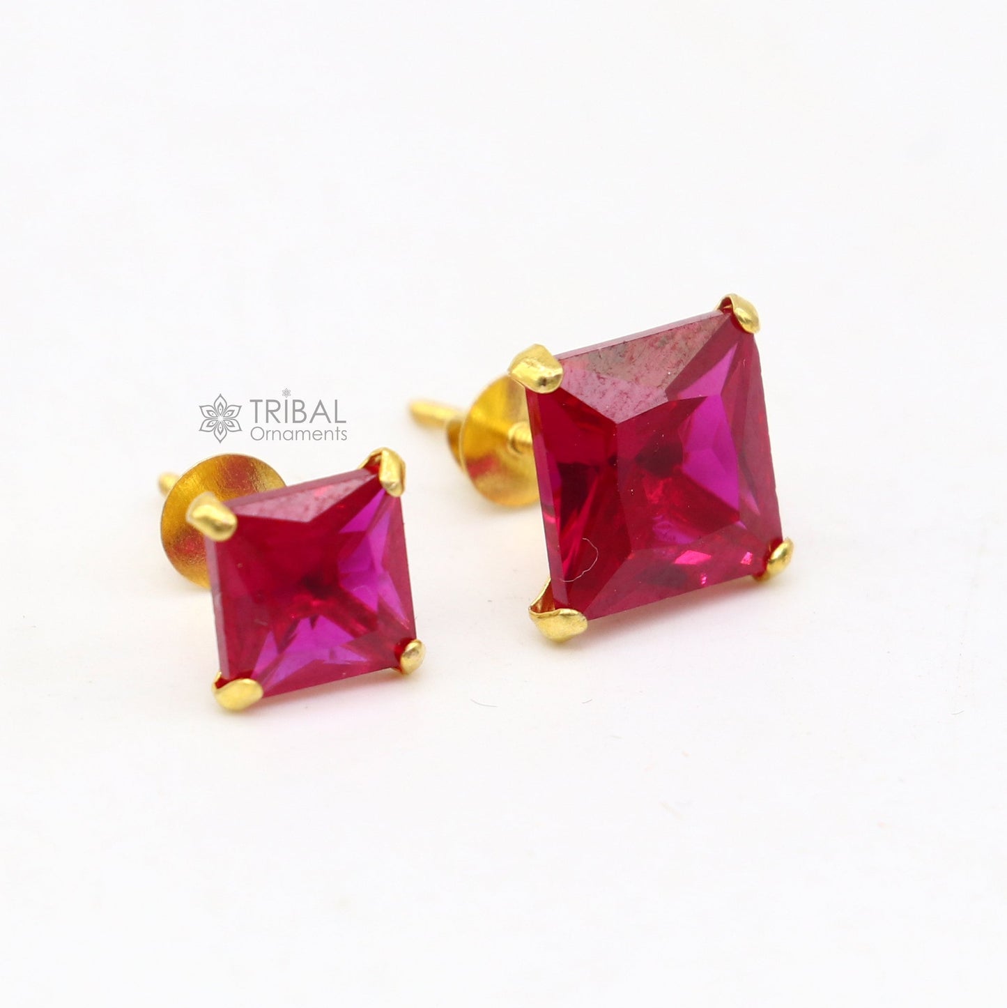 Exclusive 14kt yellow gold handmade single red stone square shape stud earring cartilage customized unisex jewelry er181 - TRIBAL ORNAMENTS