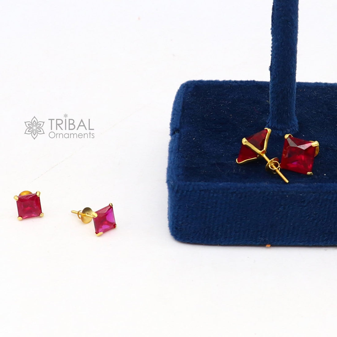 Exclusive 14kt yellow gold handmade single red stone square shape stud earring cartilage customized unisex jewelry er181 - TRIBAL ORNAMENTS