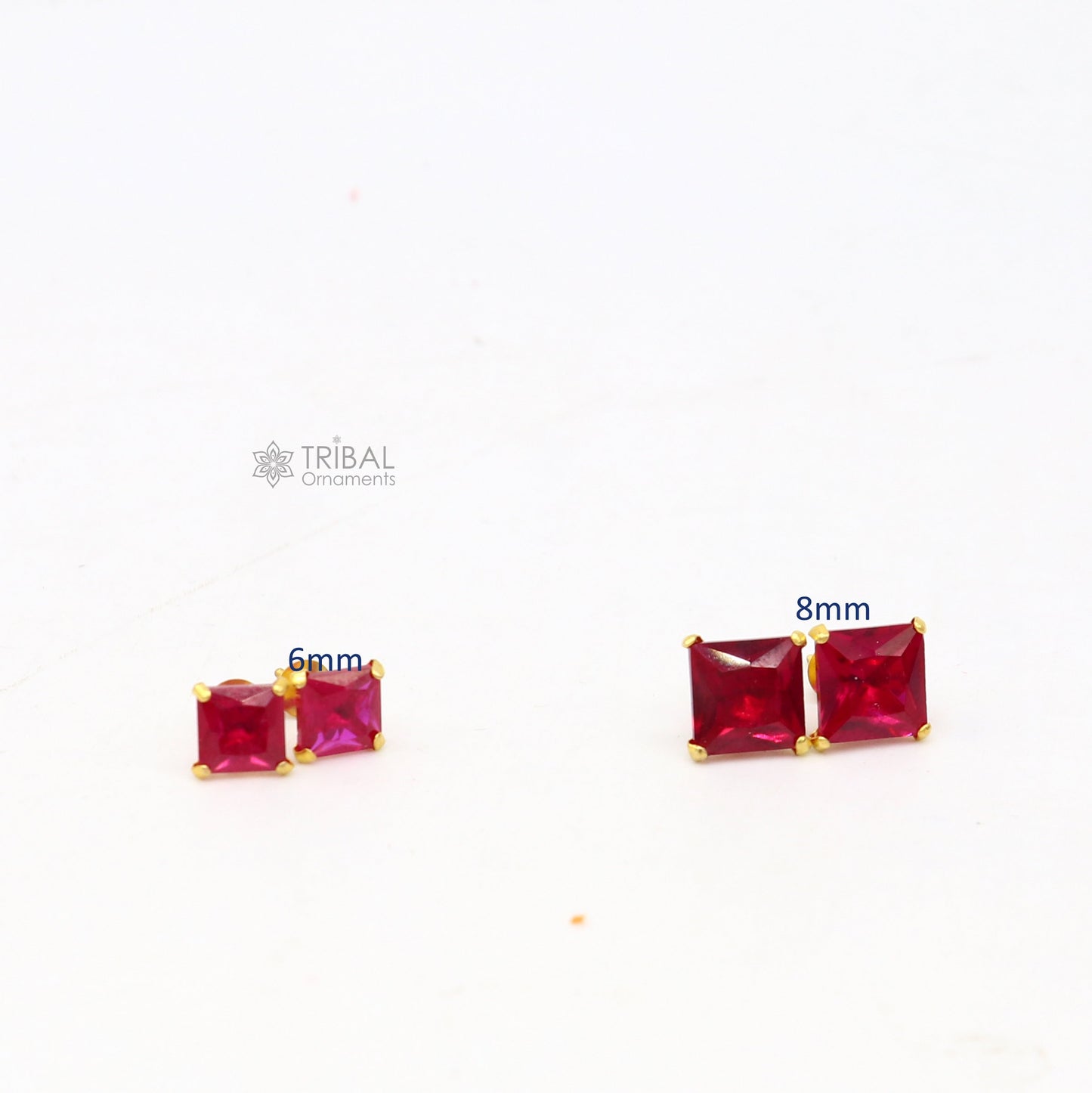 Exclusive 14kt yellow gold handmade single red stone square shape stud earring cartilage customized unisex jewelry er181 - TRIBAL ORNAMENTS