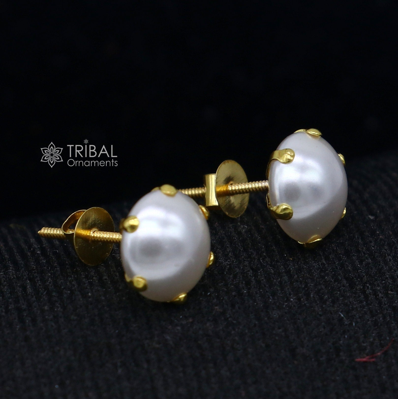 Exclusive round pearl 14kt yellow gold fabulous stud earring for unisex jewelry from india er182 - TRIBAL ORNAMENTS