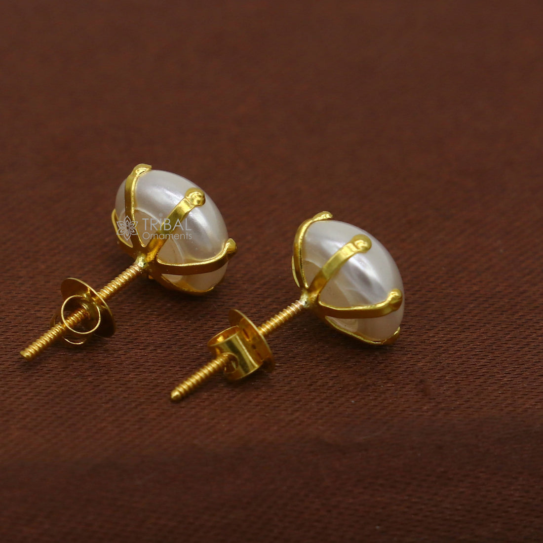 Exclusive round pearl 14kt yellow gold fabulous stud earring for unisex jewelry from india er182 - TRIBAL ORNAMENTS