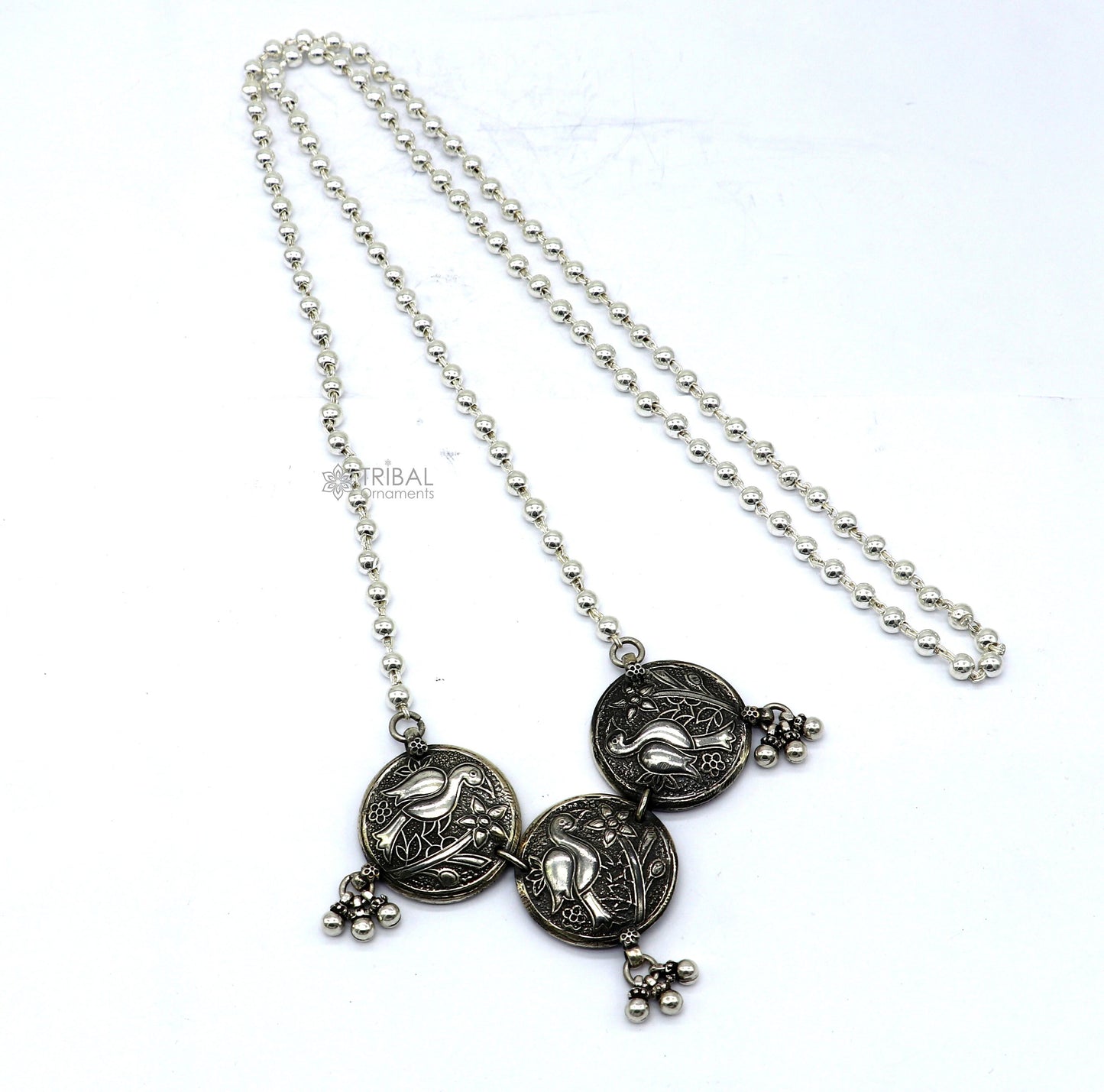 925 sterling silver handmade vintage beaded chain necklace amazing peacock pendant with hanging drops, ethnic tribal long set jewelry set662 - TRIBAL ORNAMENTS