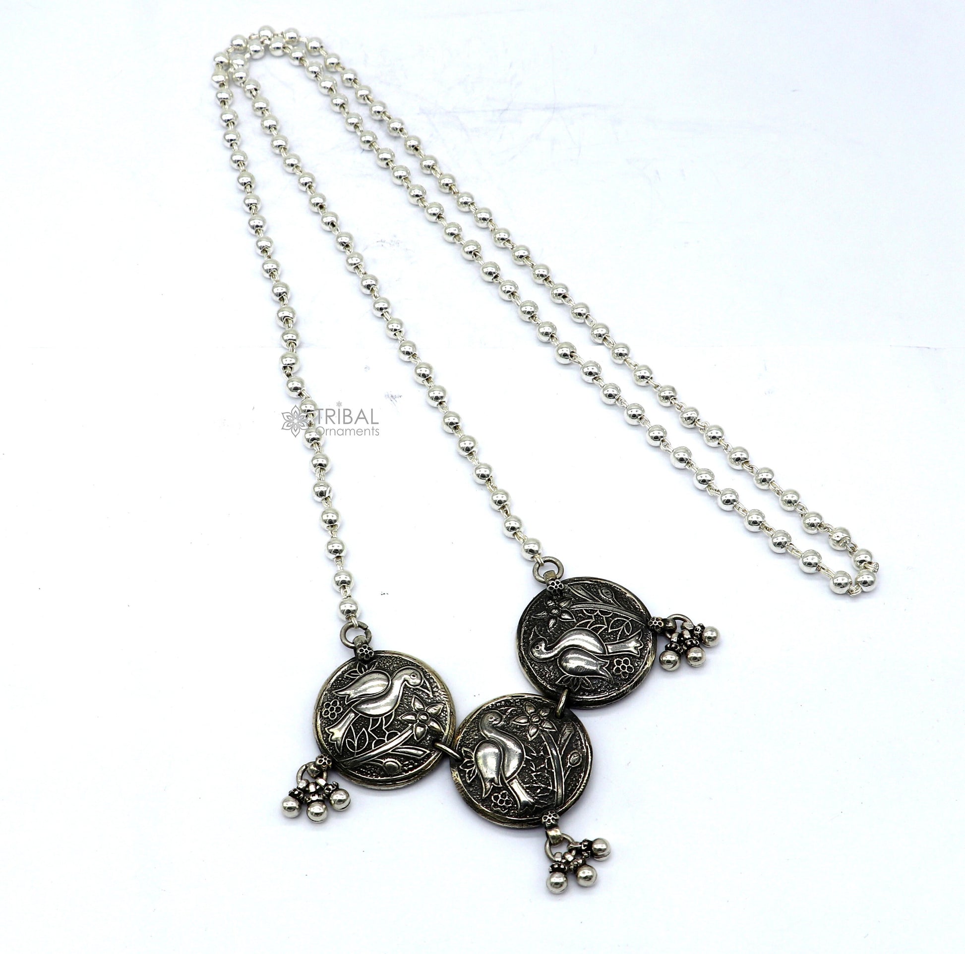 925 sterling silver handmade vintage beaded chain necklace amazing peacock pendant with hanging drops, ethnic tribal long set jewelry set662 - TRIBAL ORNAMENTS