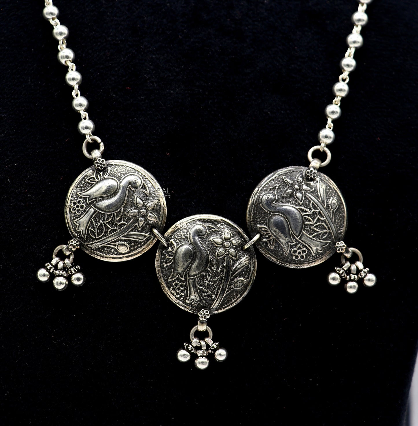 925 sterling silver handmade vintage beaded chain necklace amazing peacock pendant with hanging drops, ethnic tribal long set jewelry set662 - TRIBAL ORNAMENTS