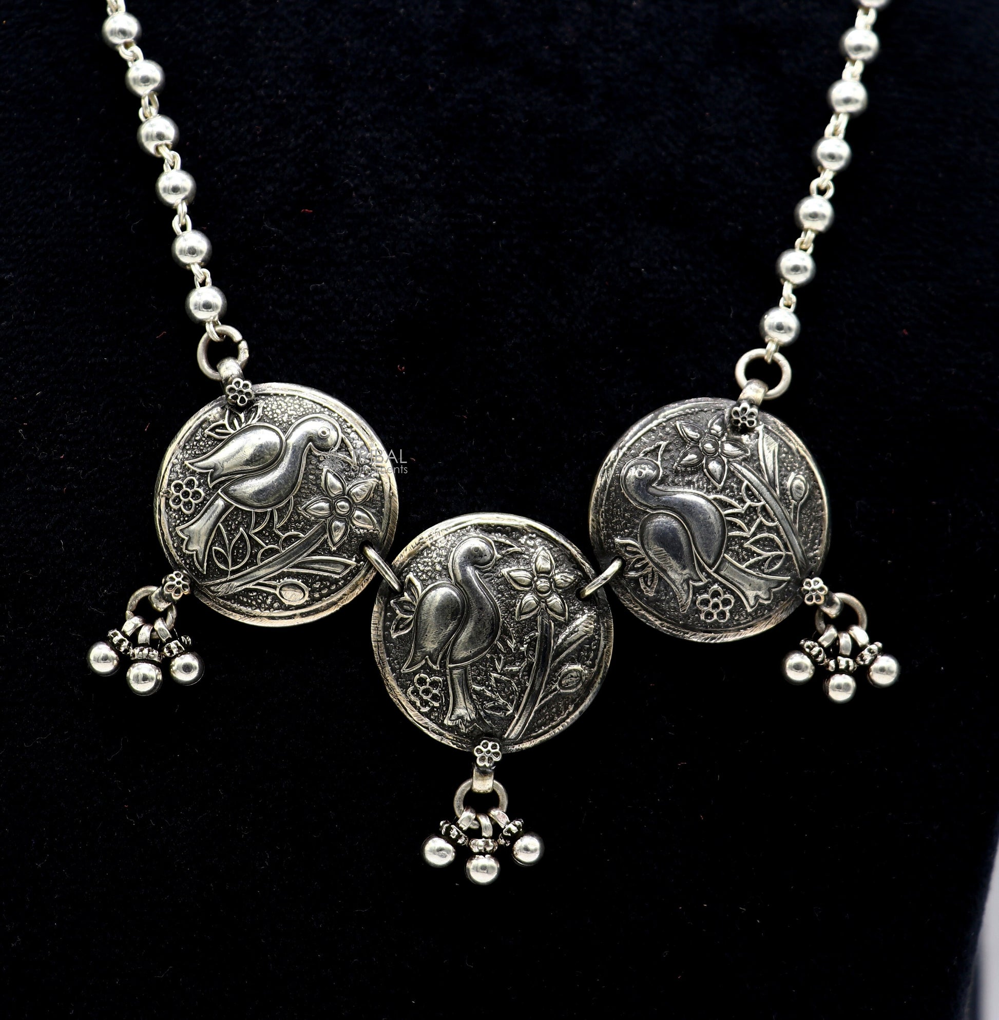 925 sterling silver handmade vintage beaded chain necklace amazing peacock pendant with hanging drops, ethnic tribal long set jewelry set662 - TRIBAL ORNAMENTS