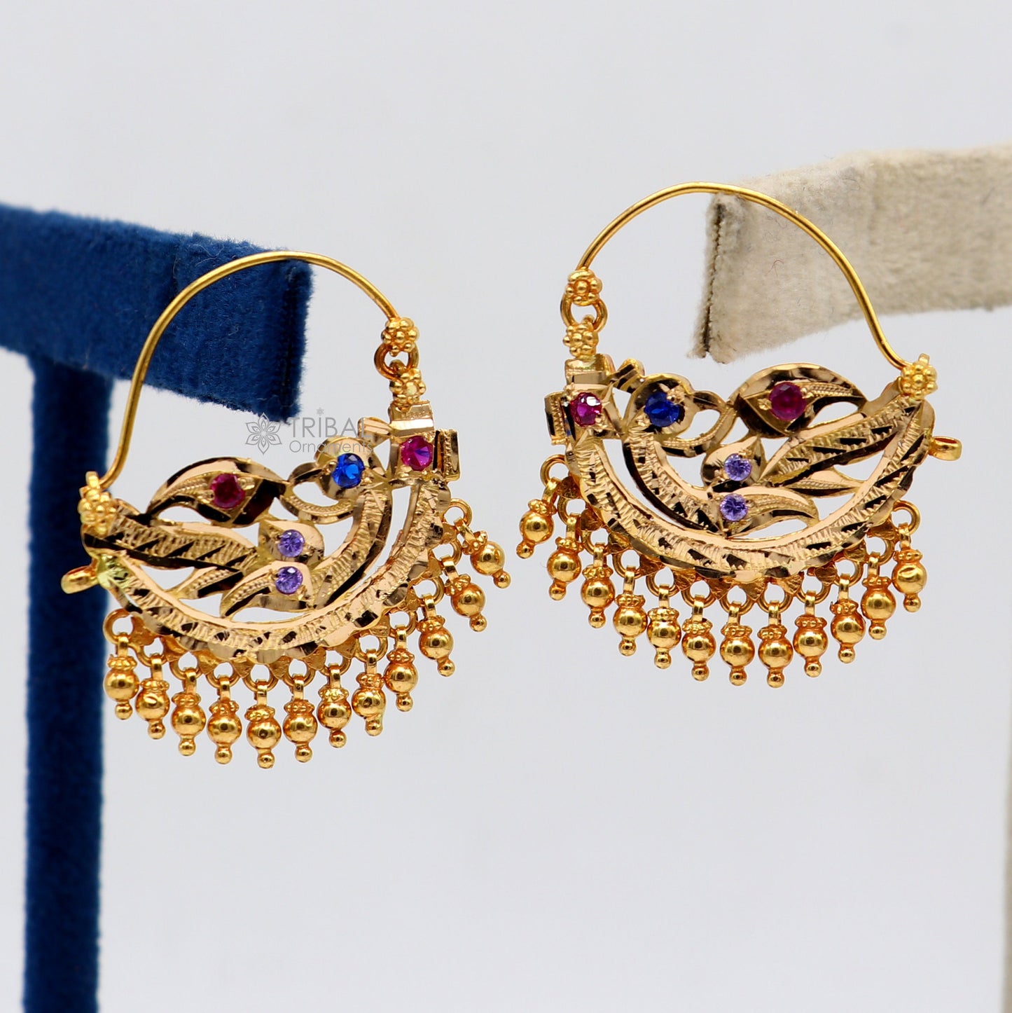 Indian traditional cultural design 22Kt yellow gold handmade amazing antique style girl's women's earrings charms hoops jewelry er183 - TRIBAL ORNAMENTS