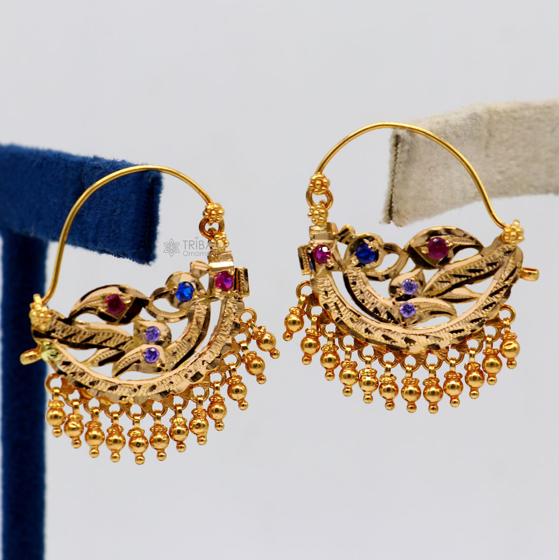 Indian traditional cultural design 22Kt yellow gold handmade amazing antique style girl's women's earrings charms hoops jewelry er183 - TRIBAL ORNAMENTS