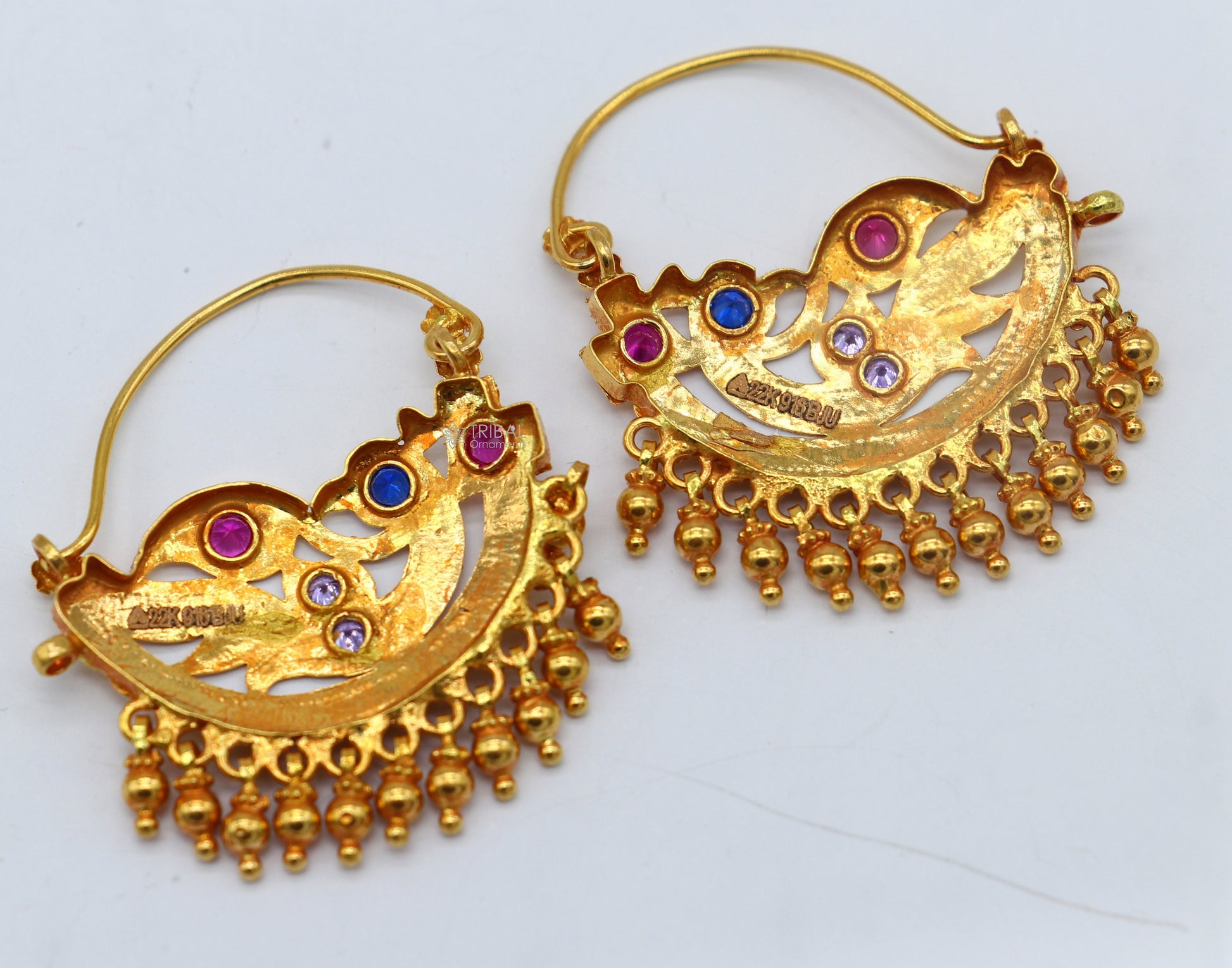 Indian traditional cultural design 22Kt yellow gold handmade amazing antique style girl's women's earrings charms hoops jewelry er183 - TRIBAL ORNAMENTS