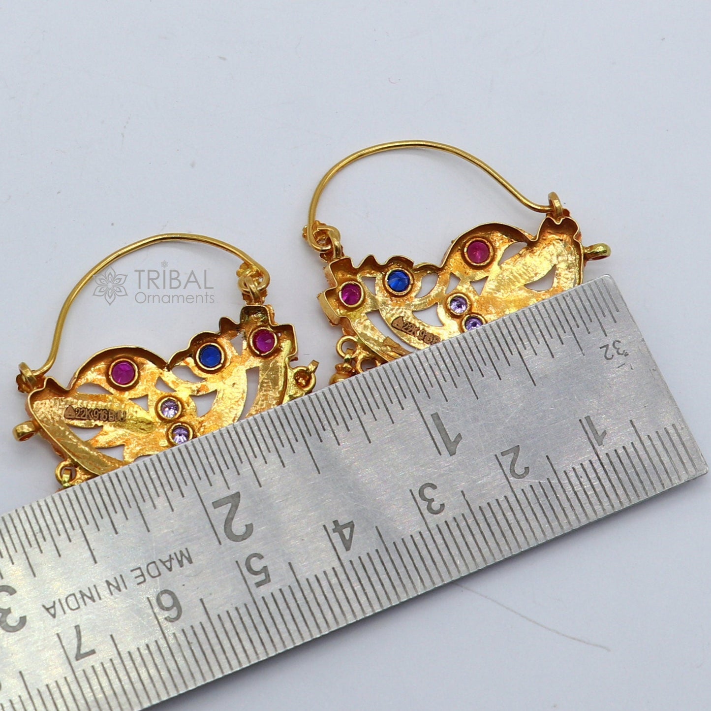 Indian traditional cultural design 22Kt yellow gold handmade amazing antique style girl's women's earrings charms hoops jewelry er183 - TRIBAL ORNAMENTS