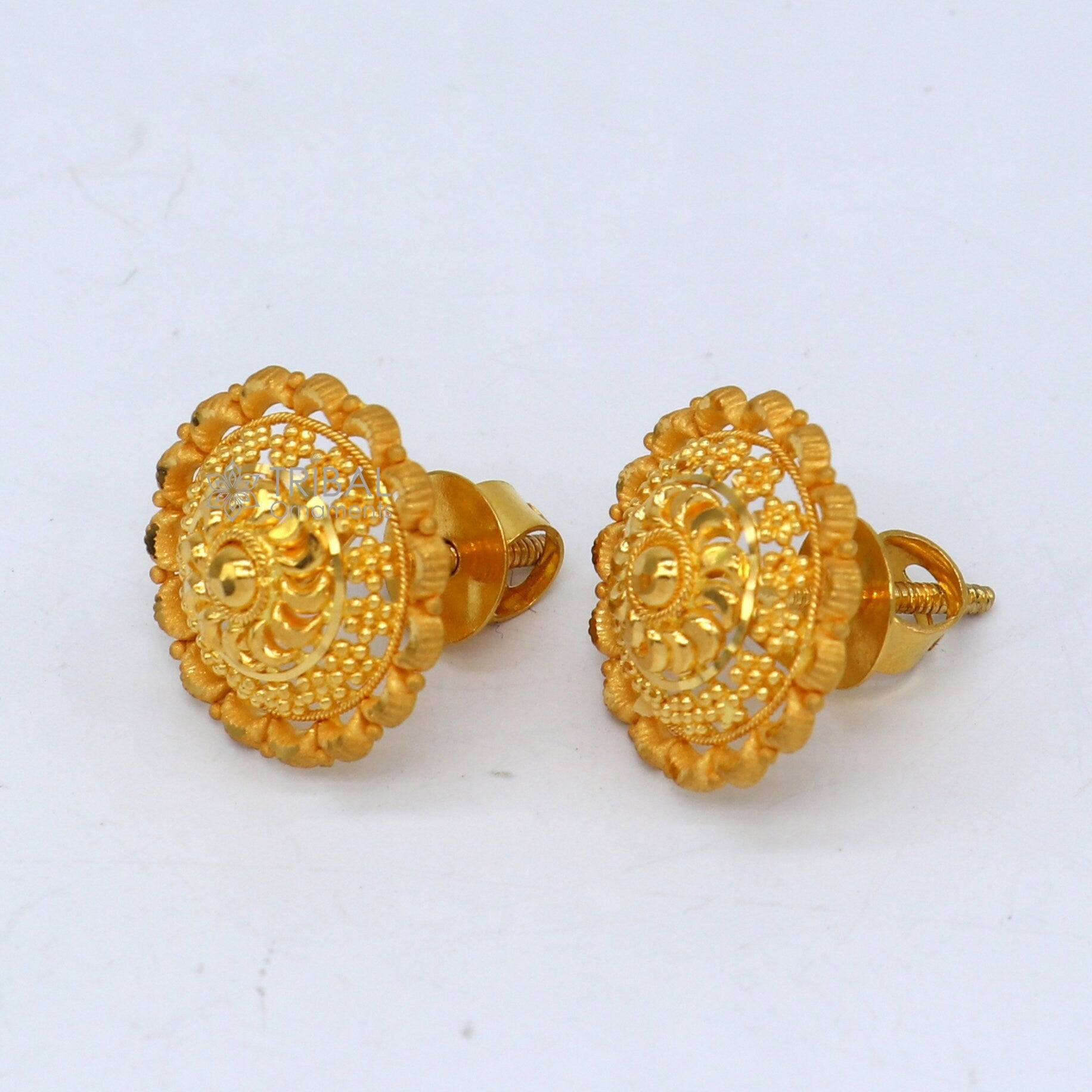 Indian traditional cultural round design 22Kt yellow gold handmade amazing filigree work girl's women's stud earrings jewelry er184 - TRIBAL ORNAMENTS