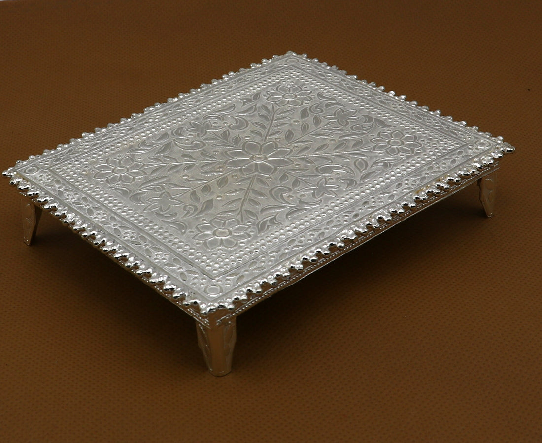 3.5"x4.5" Vintage design Sterling silver handmade customize small rectangle shape table/bazot/chouki, excellent home puja utensils su1265 - TRIBAL ORNAMENTS