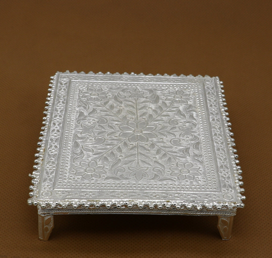 3.5"x4.5" Vintage design Sterling silver handmade customize small rectangle shape table/bazot/chouki, excellent home puja utensils su1265 - TRIBAL ORNAMENTS