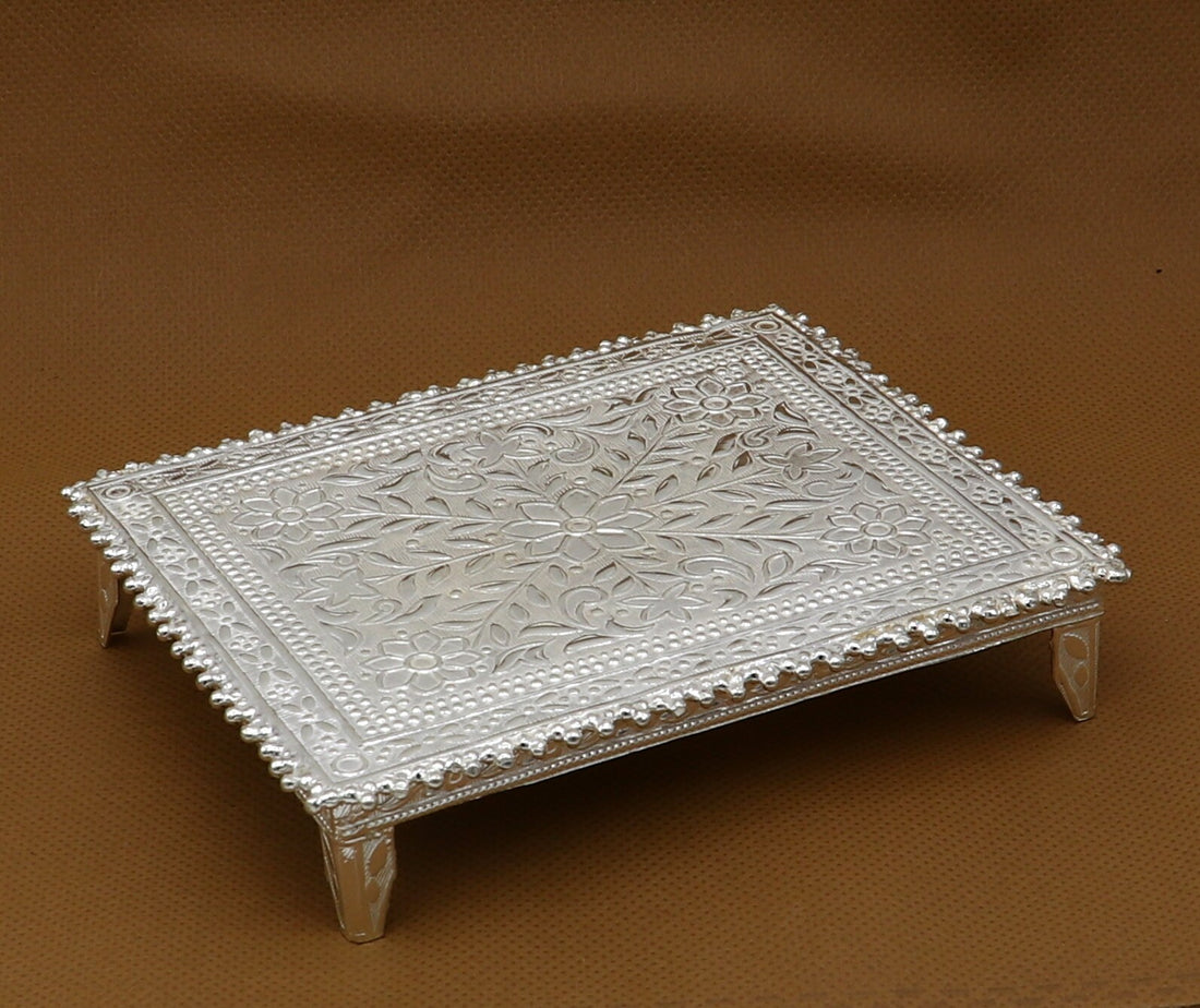 3.5"x4.5" Vintage design Sterling silver handmade customize small rectangle shape table/bazot/chouki, excellent home puja utensils su1265 - TRIBAL ORNAMENTS