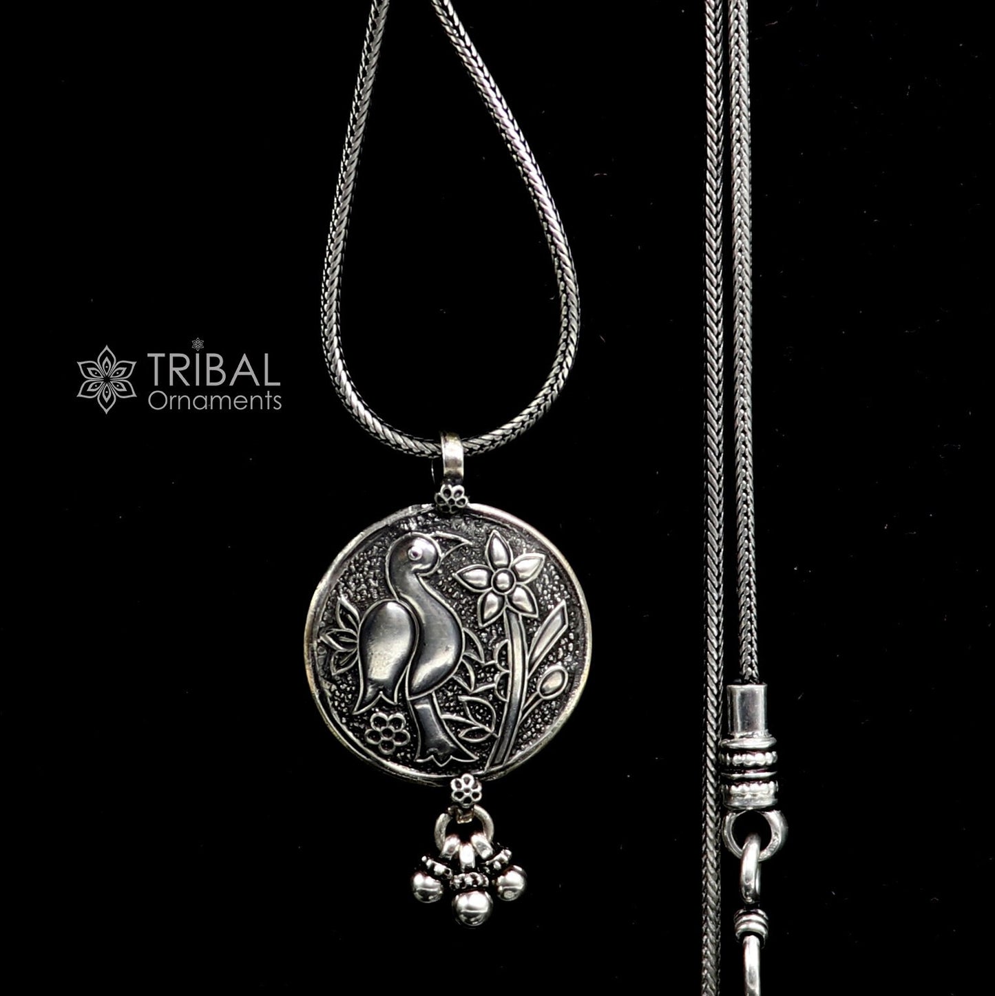 925 sterling silver handmade vintage Traditional Indian culture style peacock pendant with hanging drops, ethnic tribal jewelry nsp782 - TRIBAL ORNAMENTS