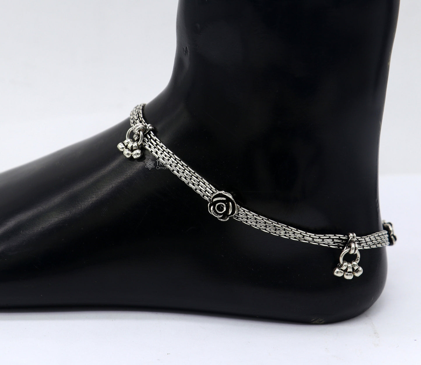 10.5" inches 925 Sterling silver vintage rose flower design 4 line  anklets foot bracelet with gorgeous hangings charm jewelry  ank617 - TRIBAL ORNAMENTS