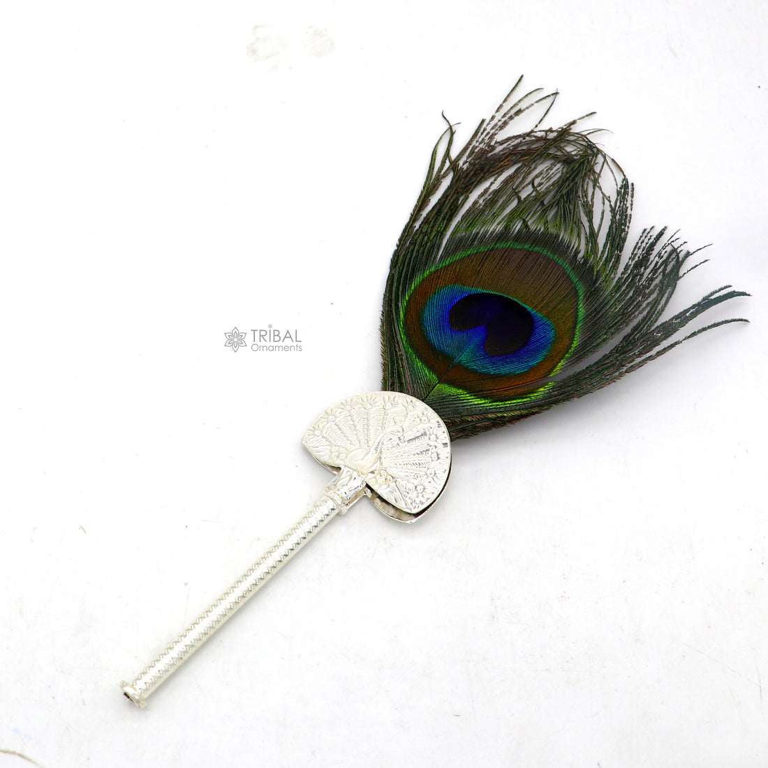 925 sterling silver handmade Mor chhadi, with peacock feather, best lord krishna laddu gopal gift, silver pankhi su1280 - TRIBAL ORNAMENTS