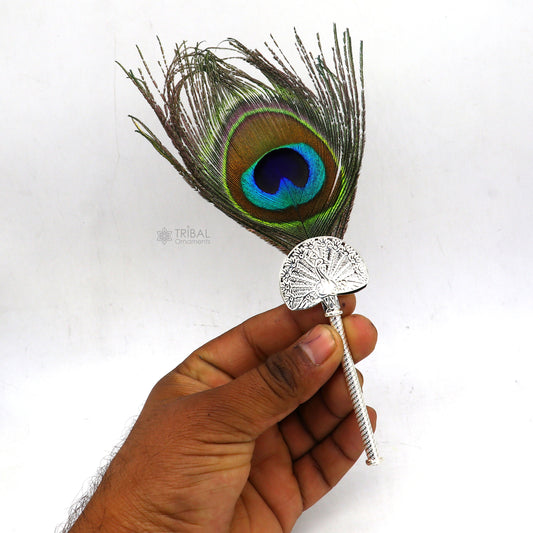 925 sterling silver handmade Mor chhadi, with peacock feather, best lord krishna laddu gopal gift, silver pankhi su1280 - TRIBAL ORNAMENTS