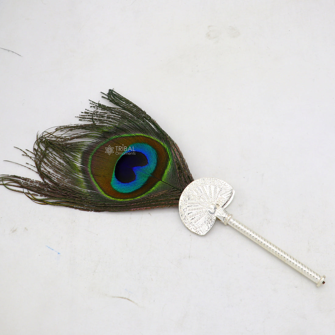 925 sterling silver handmade Mor chhadi, with peacock feather, best lord krishna laddu gopal gift, silver pankhi su1280 - TRIBAL ORNAMENTS