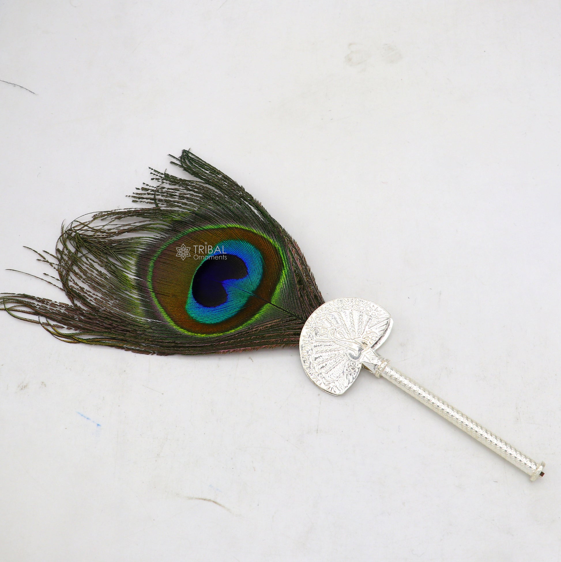 925 sterling silver handmade Mor chhadi, with peacock feather, best lord krishna laddu gopal gift, silver pankhi su1280 - TRIBAL ORNAMENTS