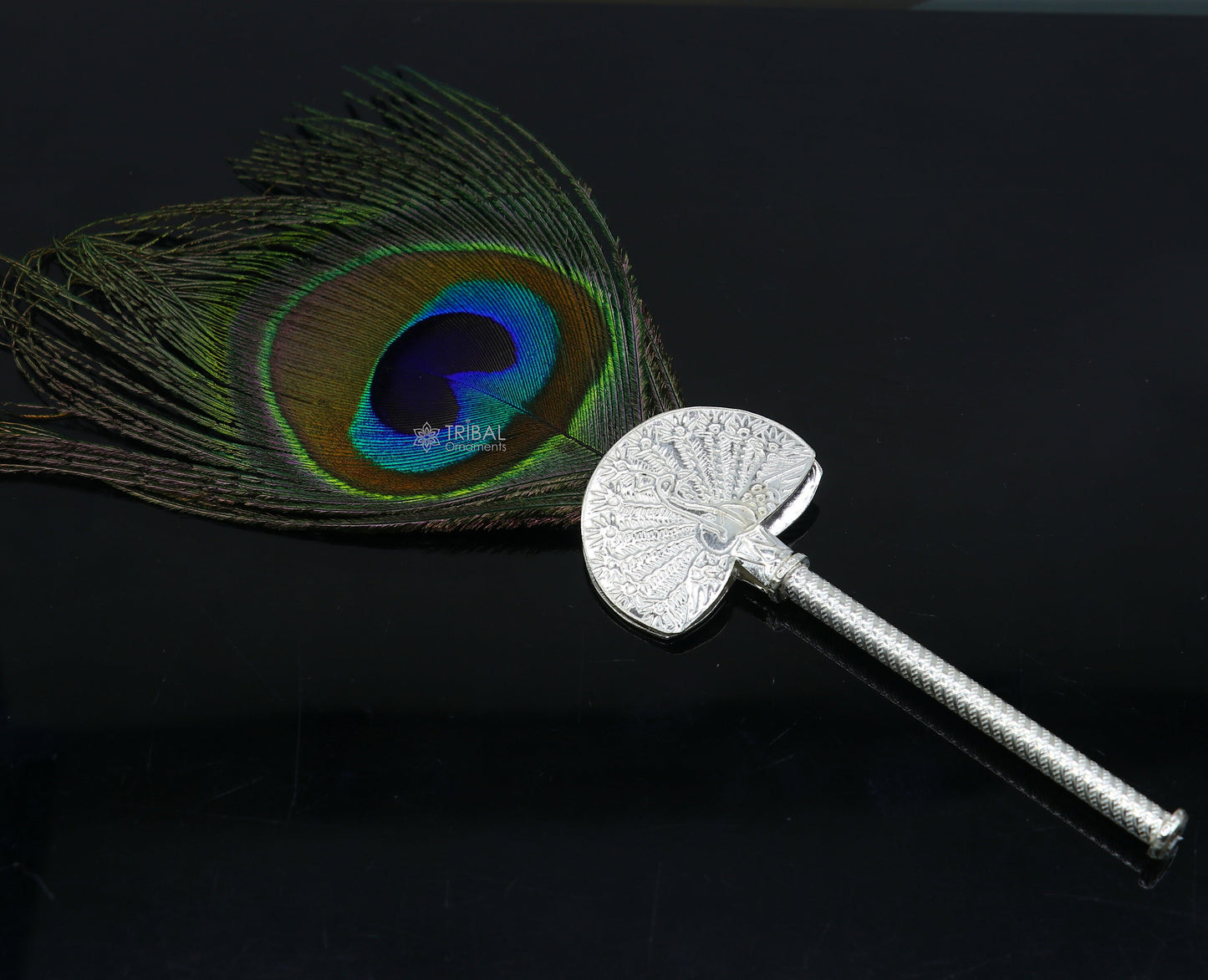 925 sterling silver handmade Mor chhadi, with peacock feather, best lord krishna laddu gopal gift, silver pankhi su1280 - TRIBAL ORNAMENTS
