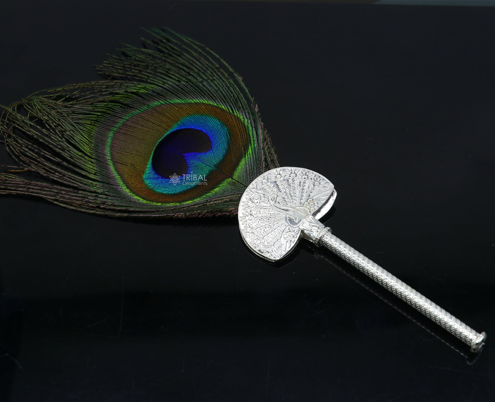 925 sterling silver handmade Mor chhadi, with peacock feather, best lord krishna laddu gopal gift, silver pankhi su1280 - TRIBAL ORNAMENTS