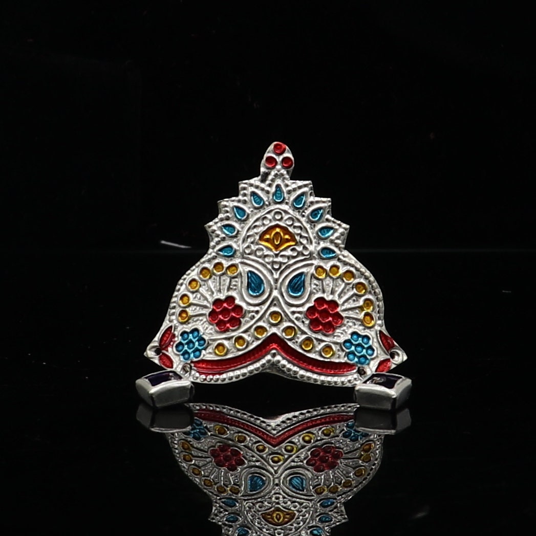 925 sterling silver vintage antique design mukut (crown), amazing handmade enamel design silver god crown home temple god hat su1275 - TRIBAL ORNAMENTS