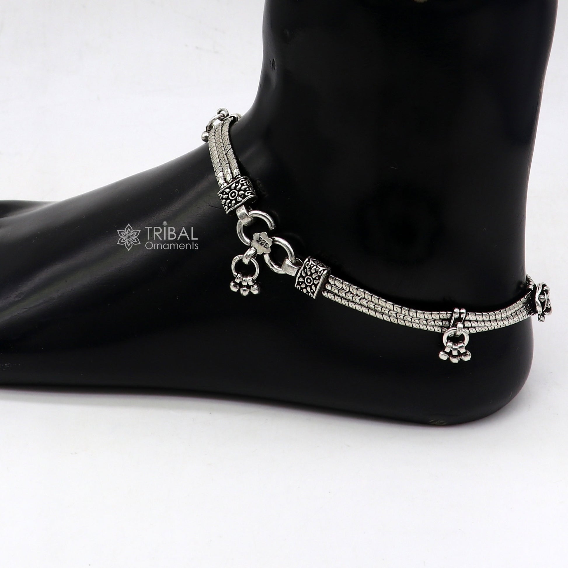 10.5" inches 925 Sterling silver vintage rose flower design 3 string anklets foot bracelet with gorgeous charm ankle jewelry  ank618 - TRIBAL ORNAMENTS