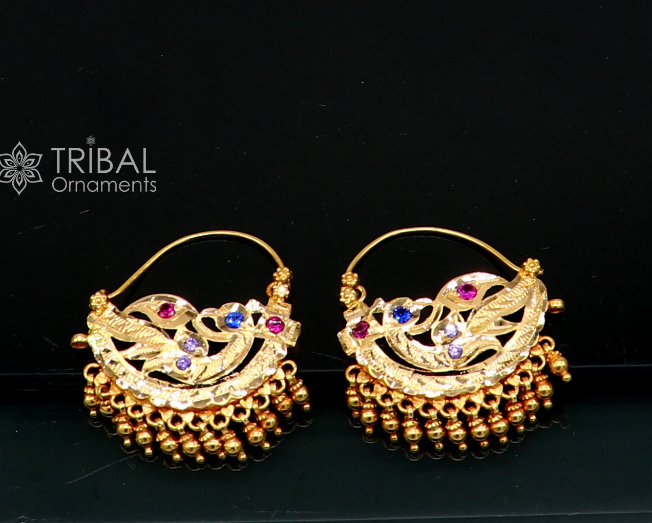 Indian traditional cultural design 22Kt yellow gold handmade amazing antique style girl's women's earrings charms hoops jewelry er183 - TRIBAL ORNAMENTS