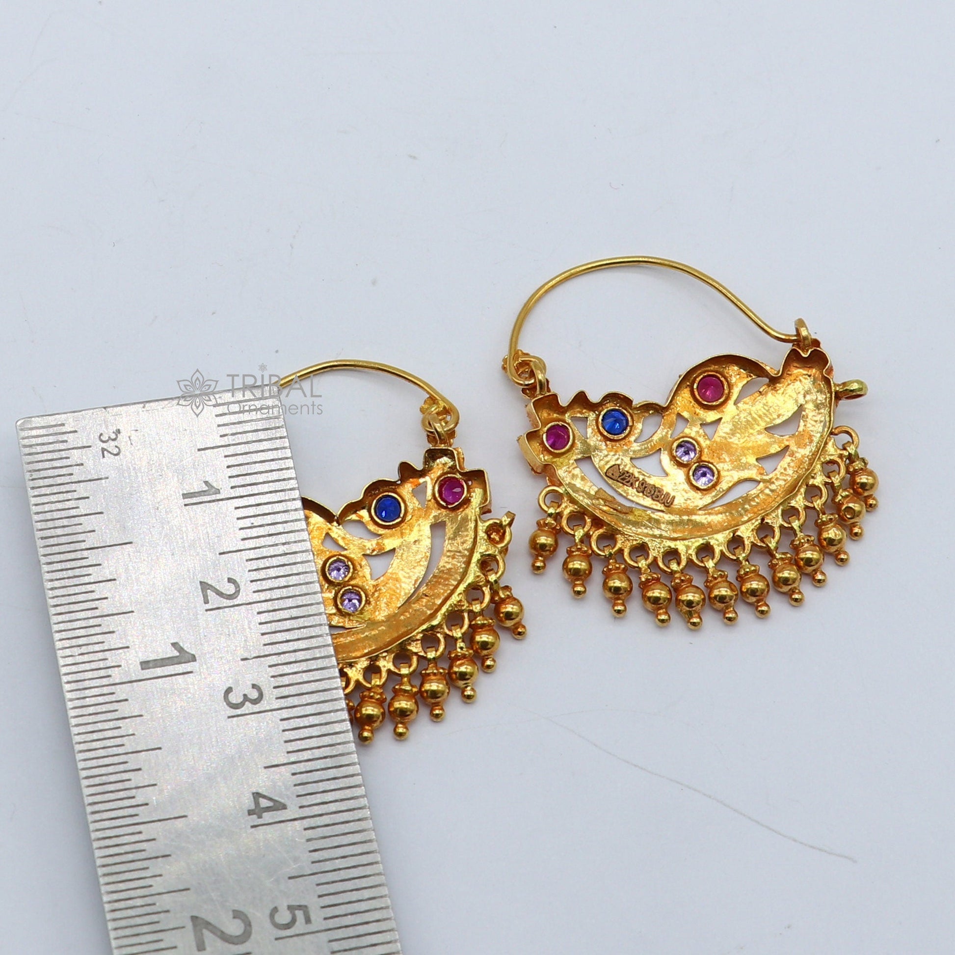 Indian traditional cultural design 22Kt yellow gold handmade amazing antique style girl's women's earrings charms hoops jewelry er183 - TRIBAL ORNAMENTS