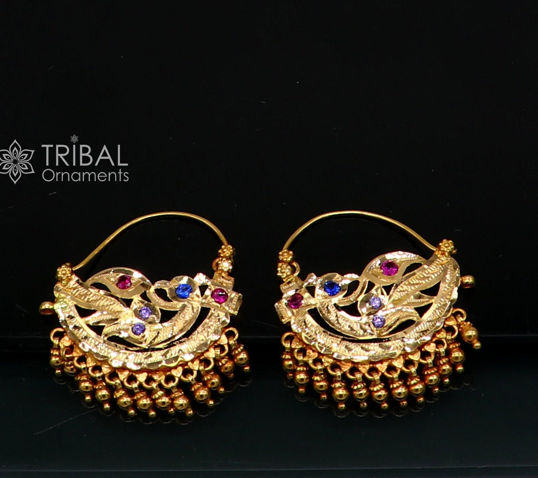 Indian traditional cultural design 22Kt yellow gold handmade amazing antique style girl's women's earrings charms hoops jewelry er183 - TRIBAL ORNAMENTS