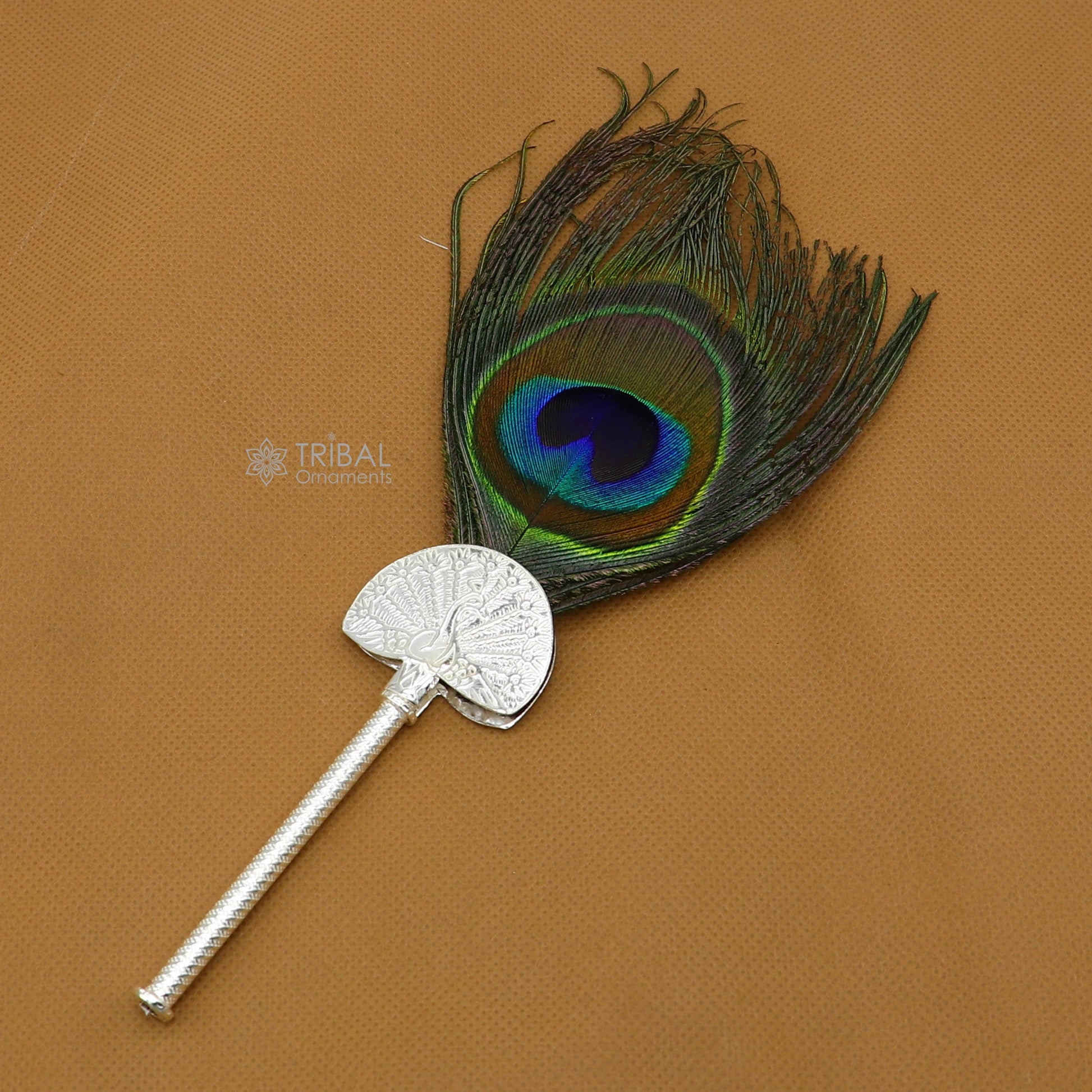 925 sterling silver handmade Mor chhadi, with peacock feather, best lord krishna laddu gopal gift, silver pankhi su1280 - TRIBAL ORNAMENTS