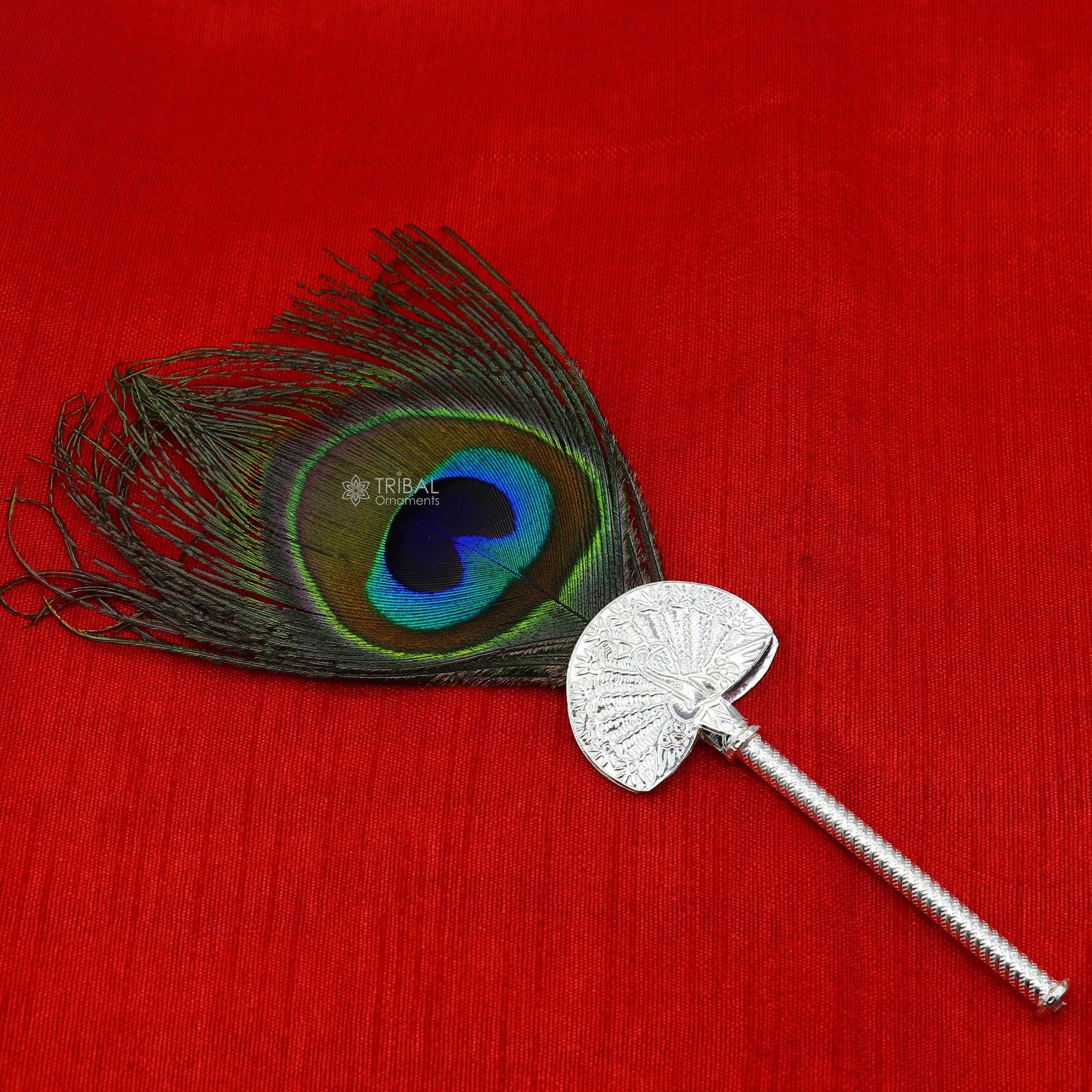 925 sterling silver handmade Mor chhadi, with peacock feather, best lord krishna laddu gopal gift, silver pankhi su1280 - TRIBAL ORNAMENTS