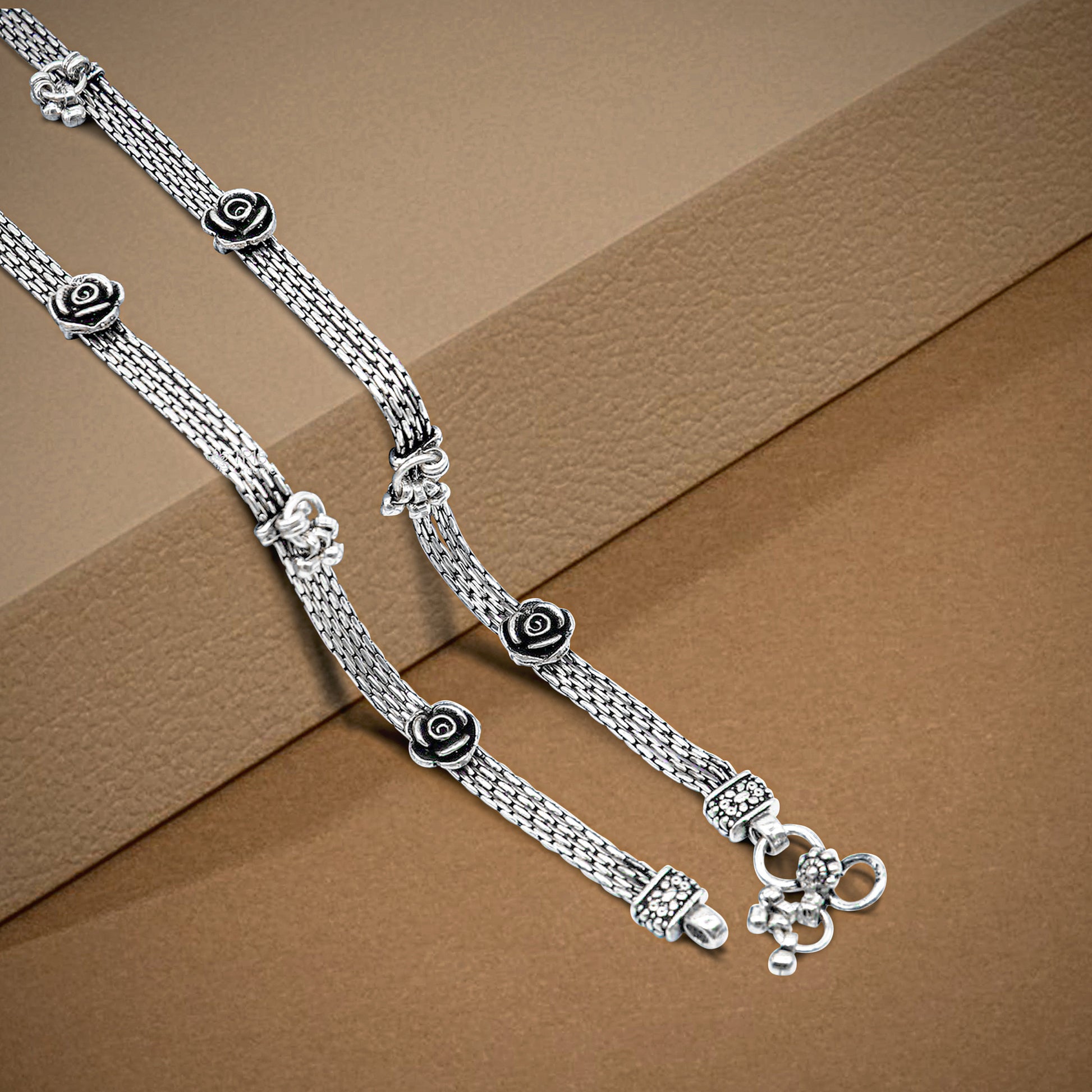 10.5" inches 925 Sterling silver vintage rose flower design 4 line  anklets foot bracelet with gorgeous hangings charm jewelry  ank617 - TRIBAL ORNAMENTS