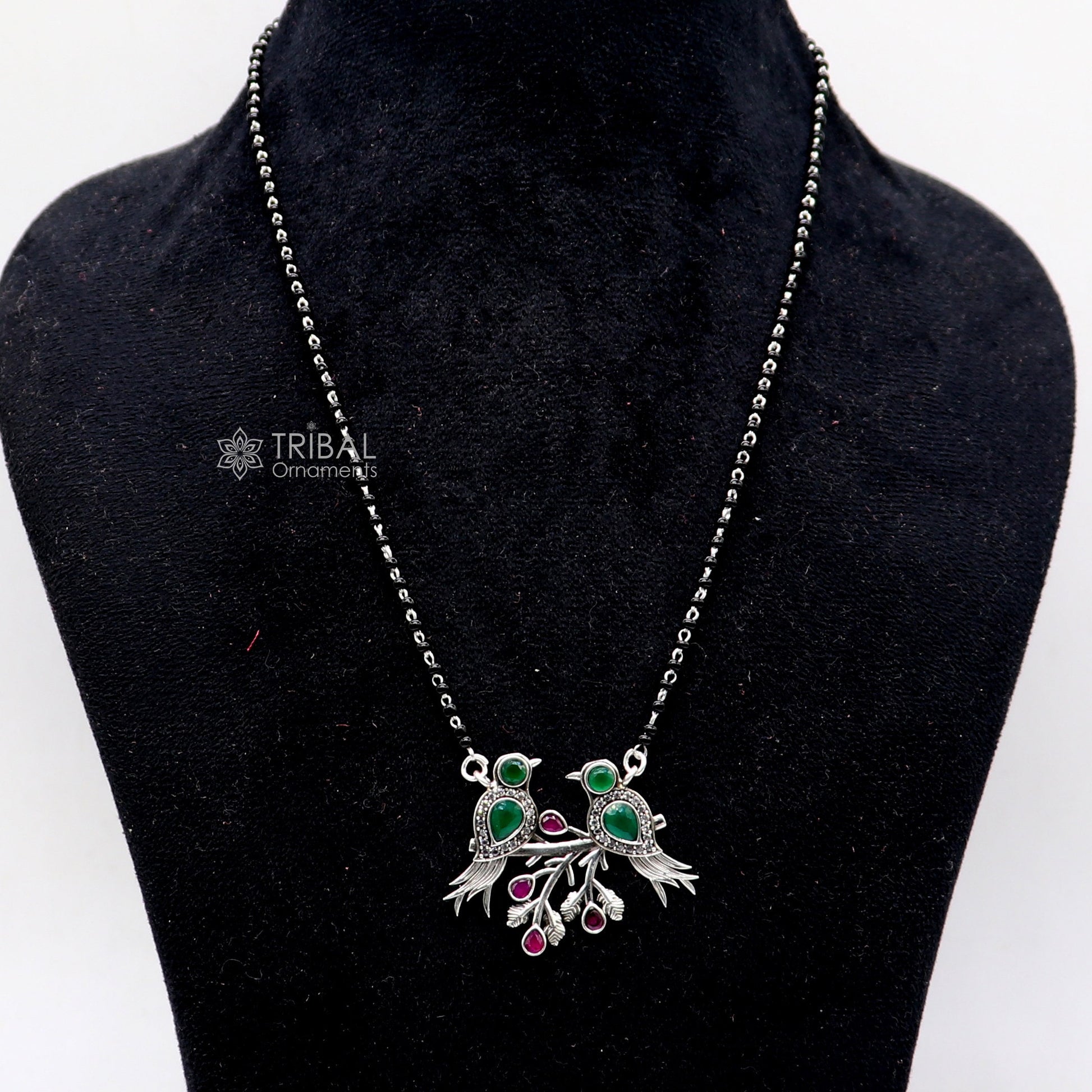925 sterling silver black beads chain mangal sutra necklace  best brides Mangalsutra chunky necklace love bird green stone pendant ms62 - TRIBAL ORNAMENTS