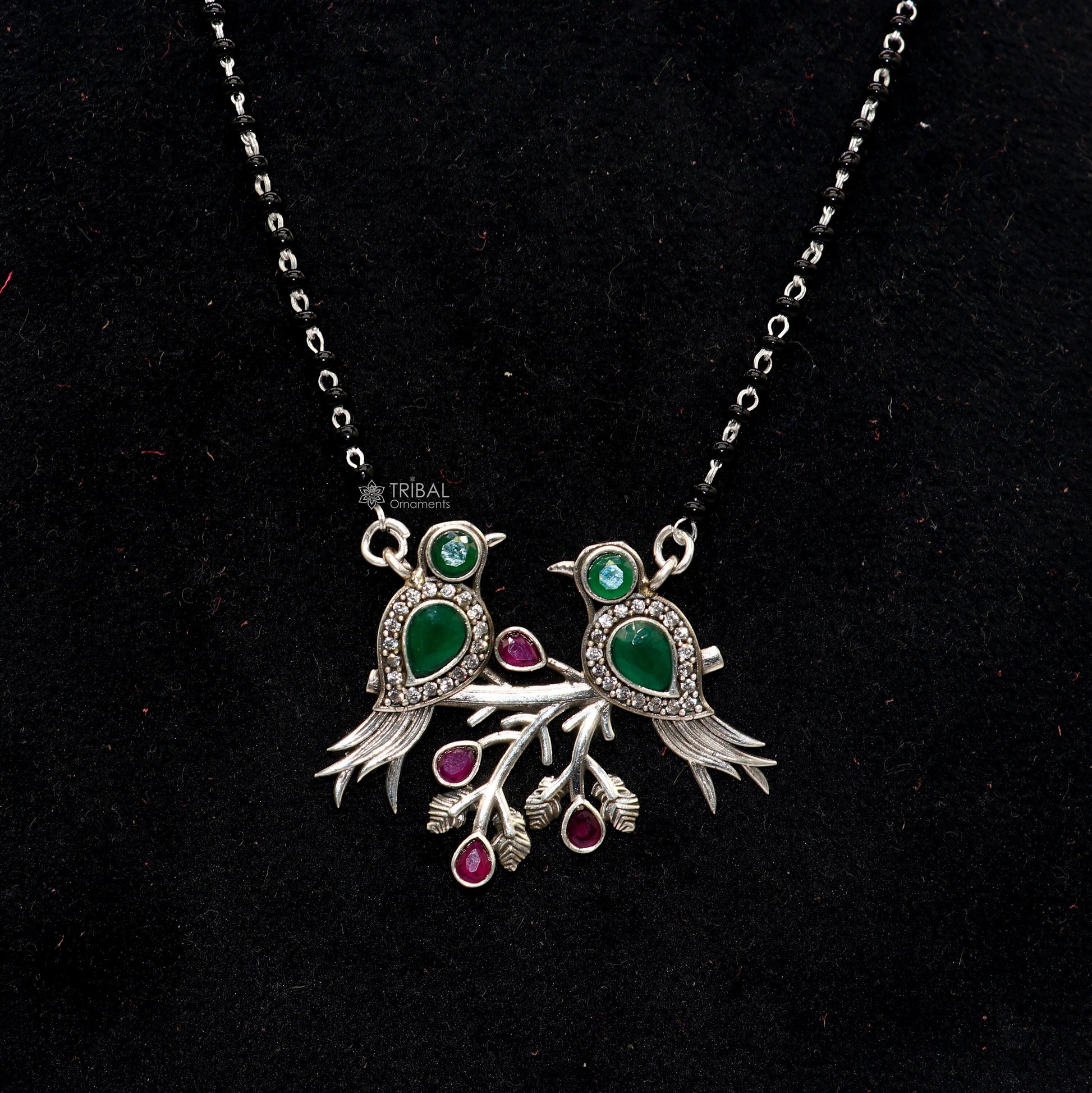 925 sterling silver black beads chain mangal sutra necklace  best brides Mangalsutra chunky necklace love bird green stone pendant ms62 - TRIBAL ORNAMENTS